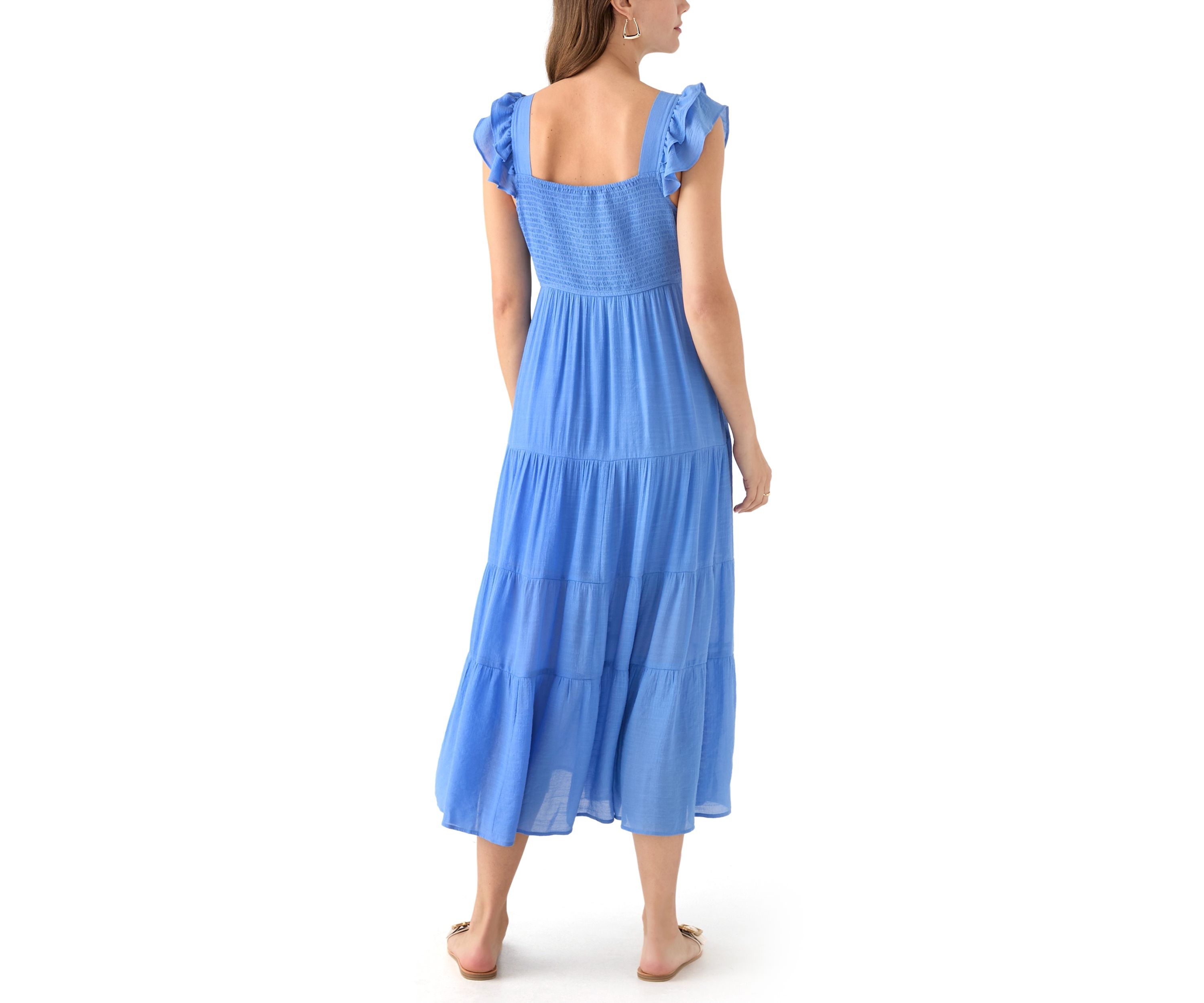Womens Flutter Sleeve Square Neck Smocked Midi Dress