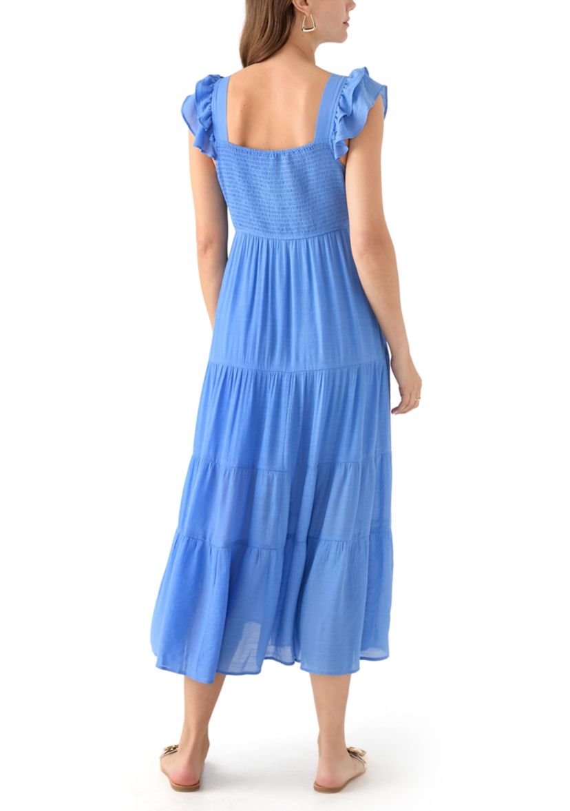Womens Flutter Sleeve Square Neck Smocked Midi Dress