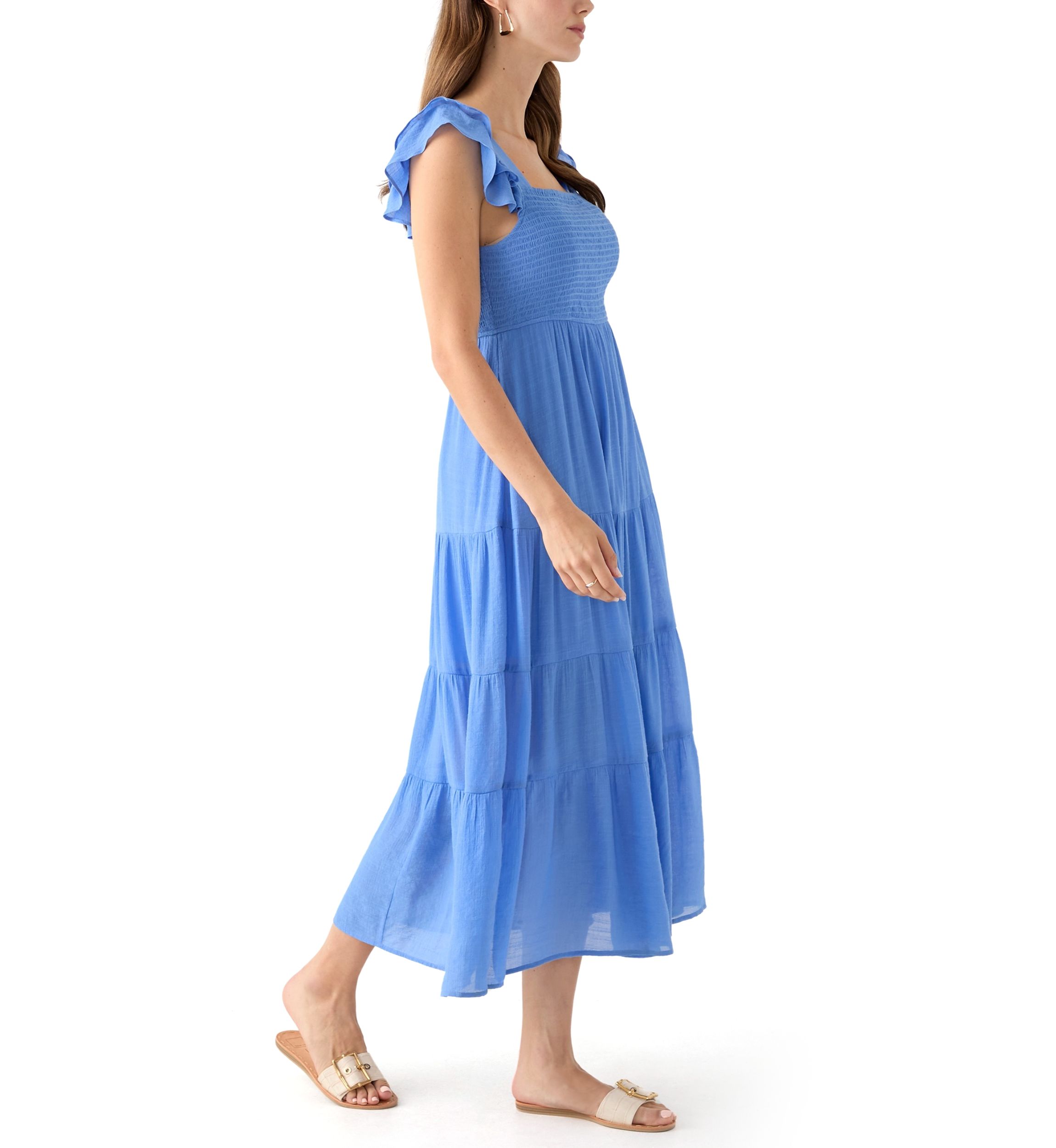 Womens Flutter Sleeve Square Neck Smocked Midi Dress