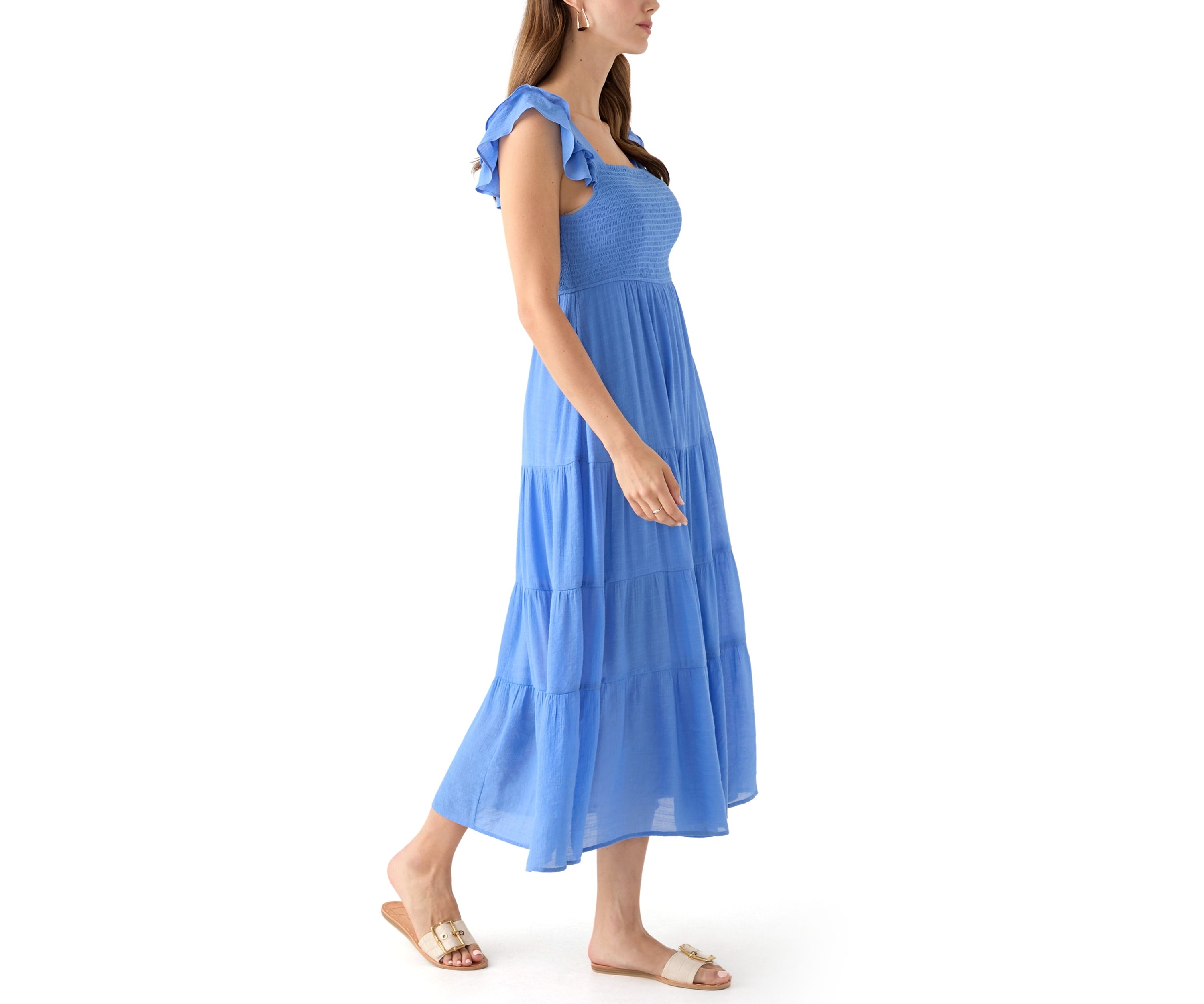 Womens Flutter Sleeve Square Neck Smocked Midi Dress