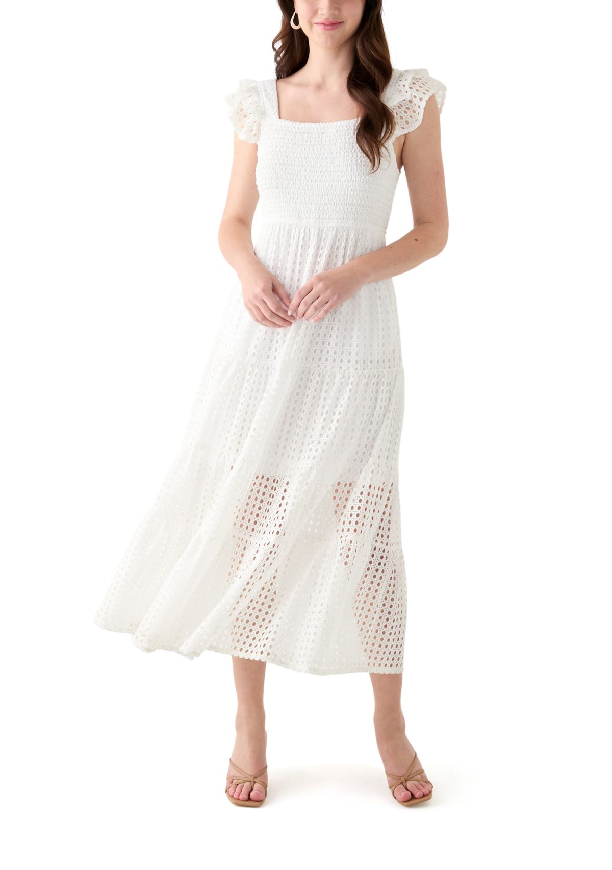 Womens Short Sleeve Square Neck Eyelet Maxi Dress