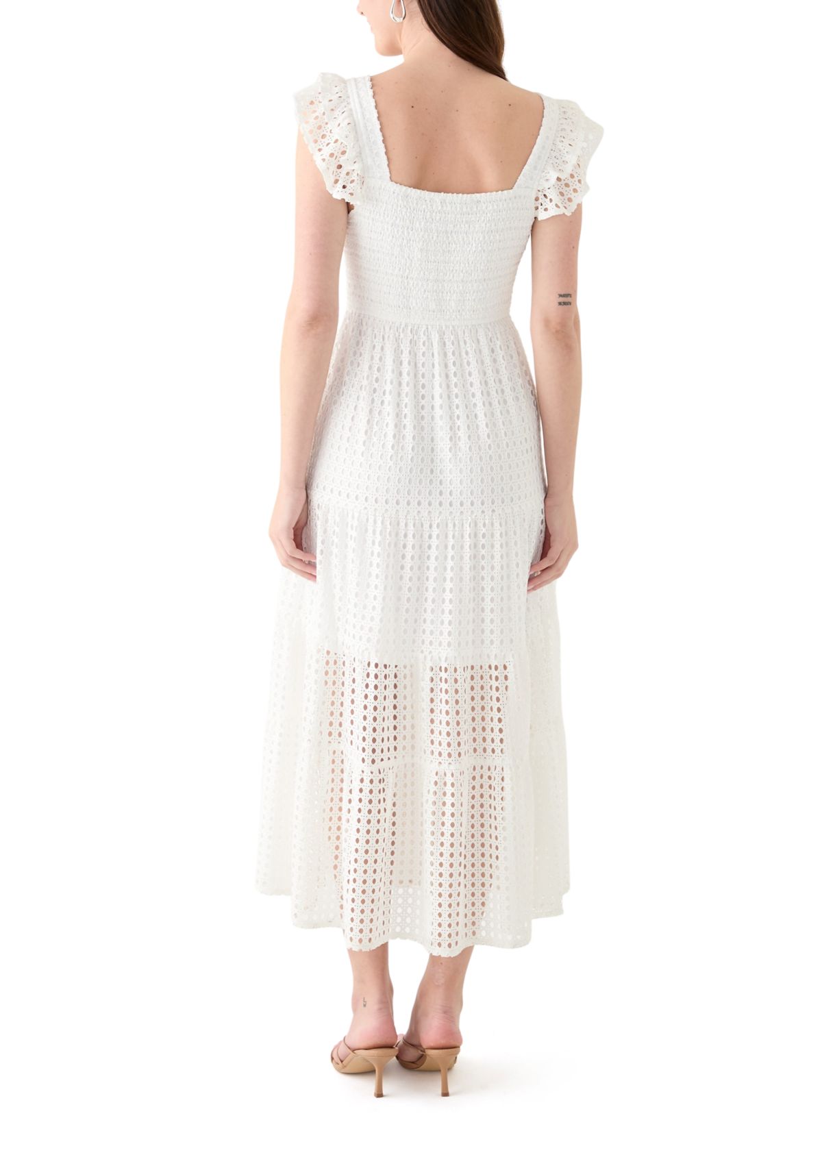 Womens Short Sleeve Square Neck Eyelet Maxi Dress