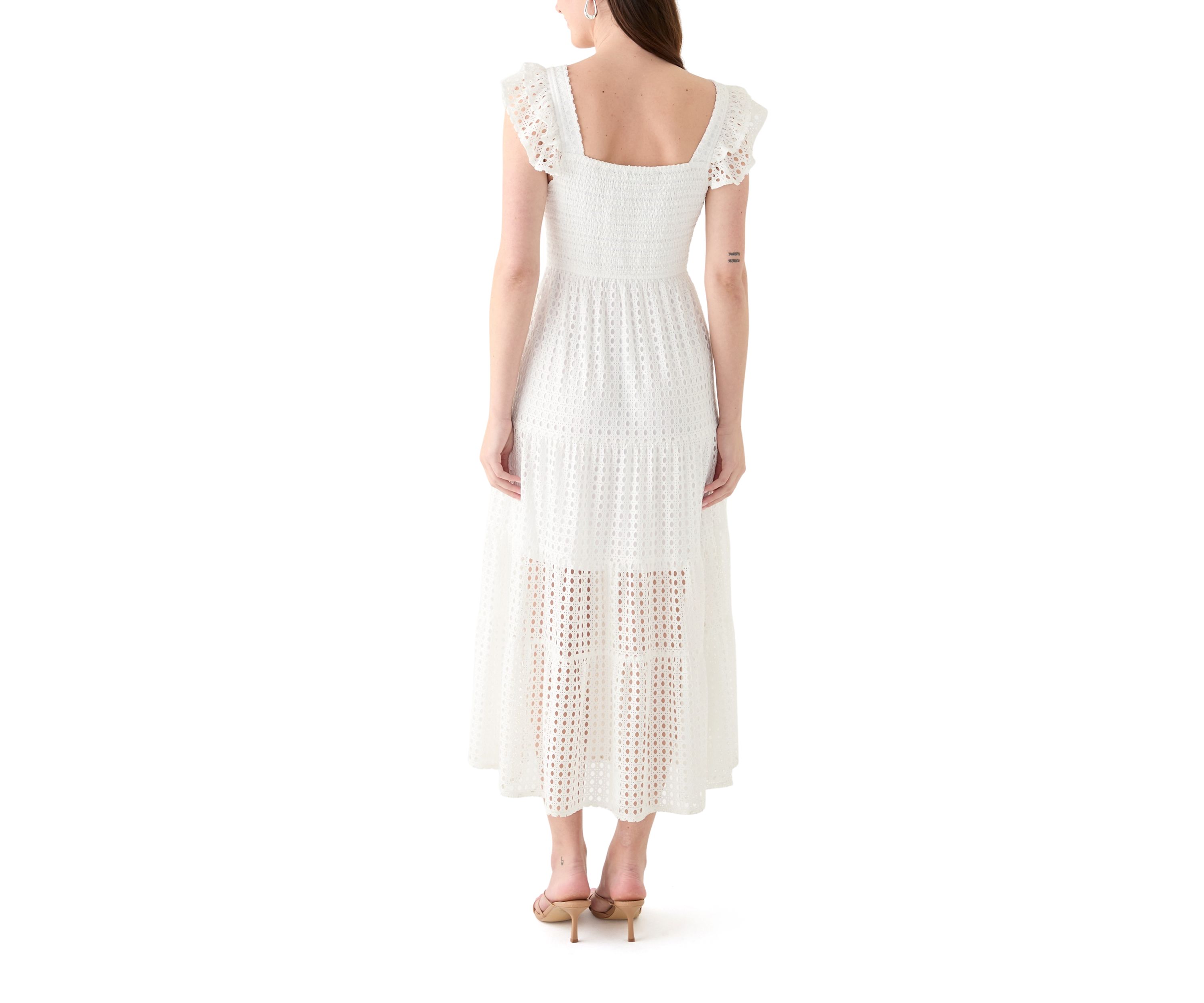 Womens Short Sleeve Square Neck Eyelet Maxi Dress