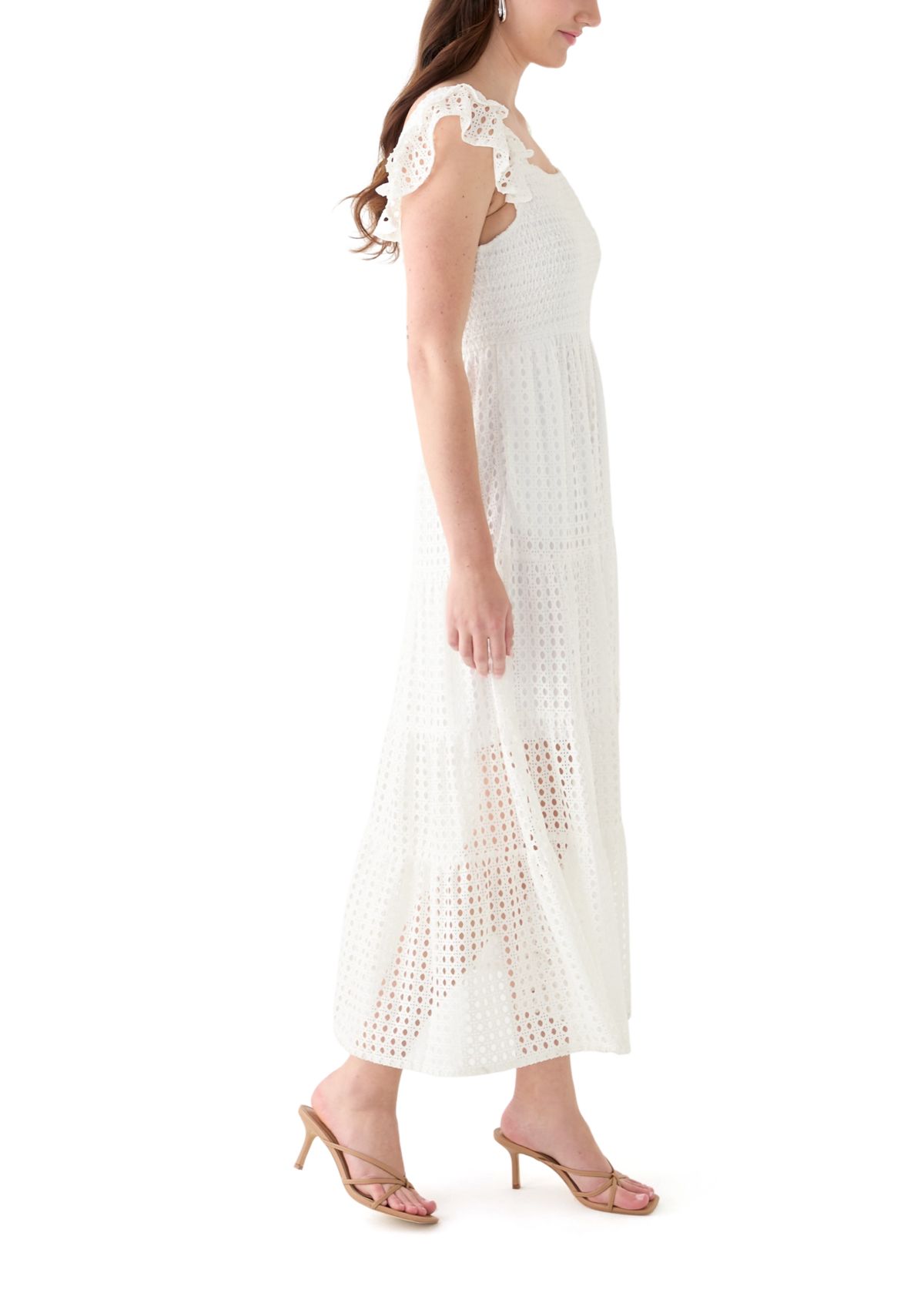 Womens Short Sleeve Square Neck Eyelet Maxi Dress