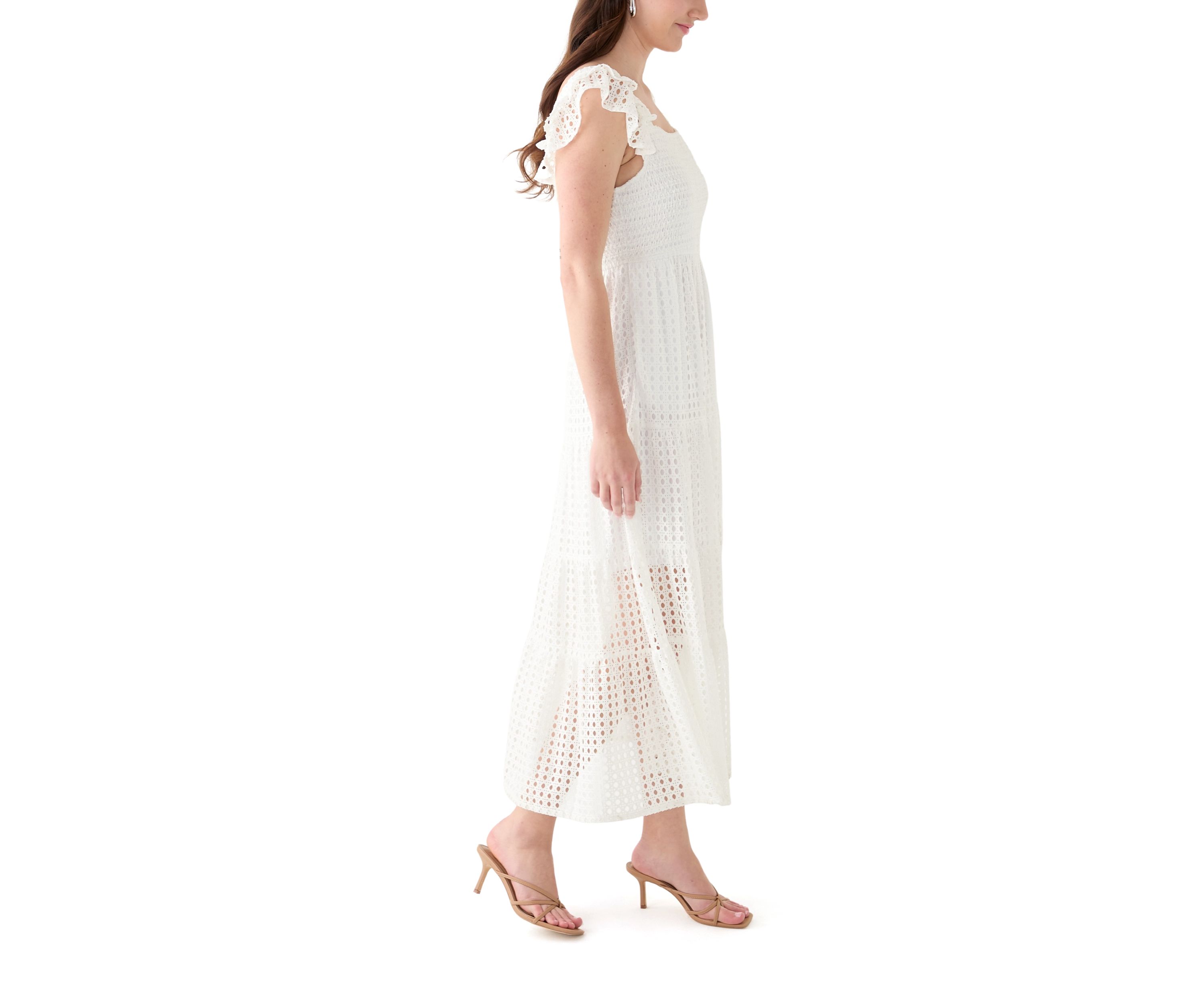 Womens Short Sleeve Square Neck Eyelet Maxi Dress