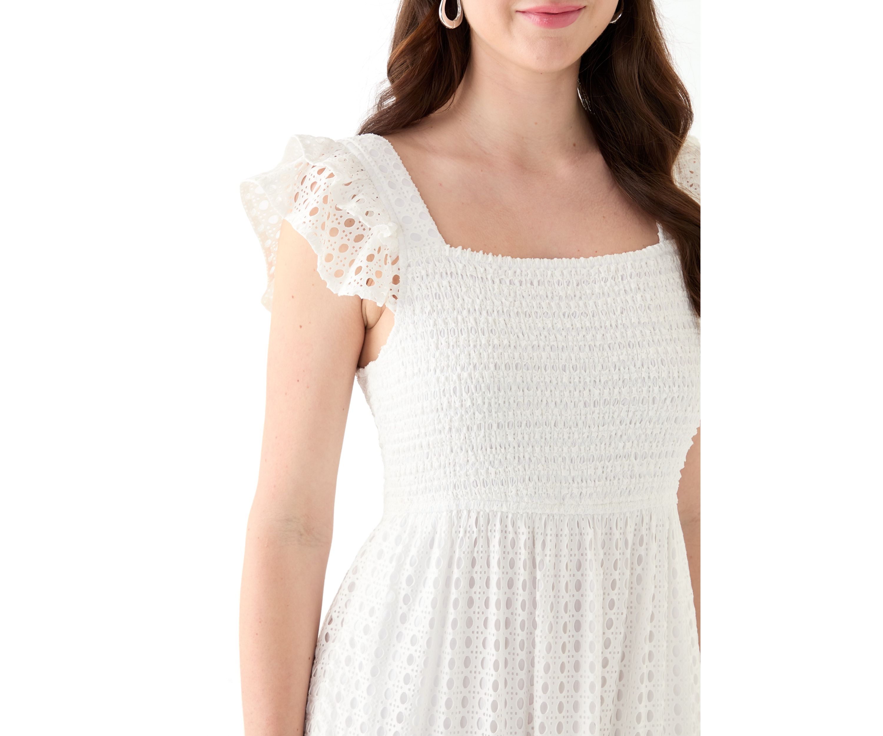 Womens Short Sleeve Square Neck Eyelet Maxi Dress
