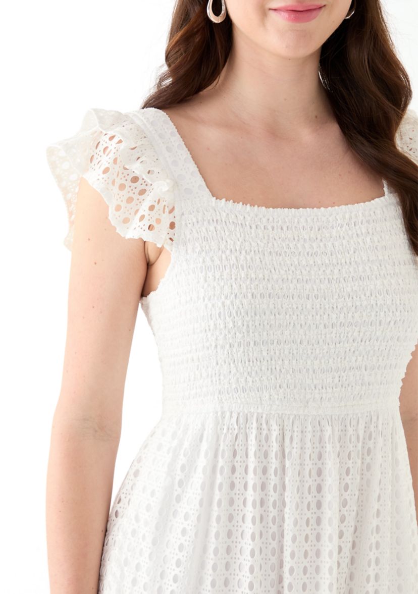 Womens Short Sleeve Square Neck Eyelet Maxi Dress