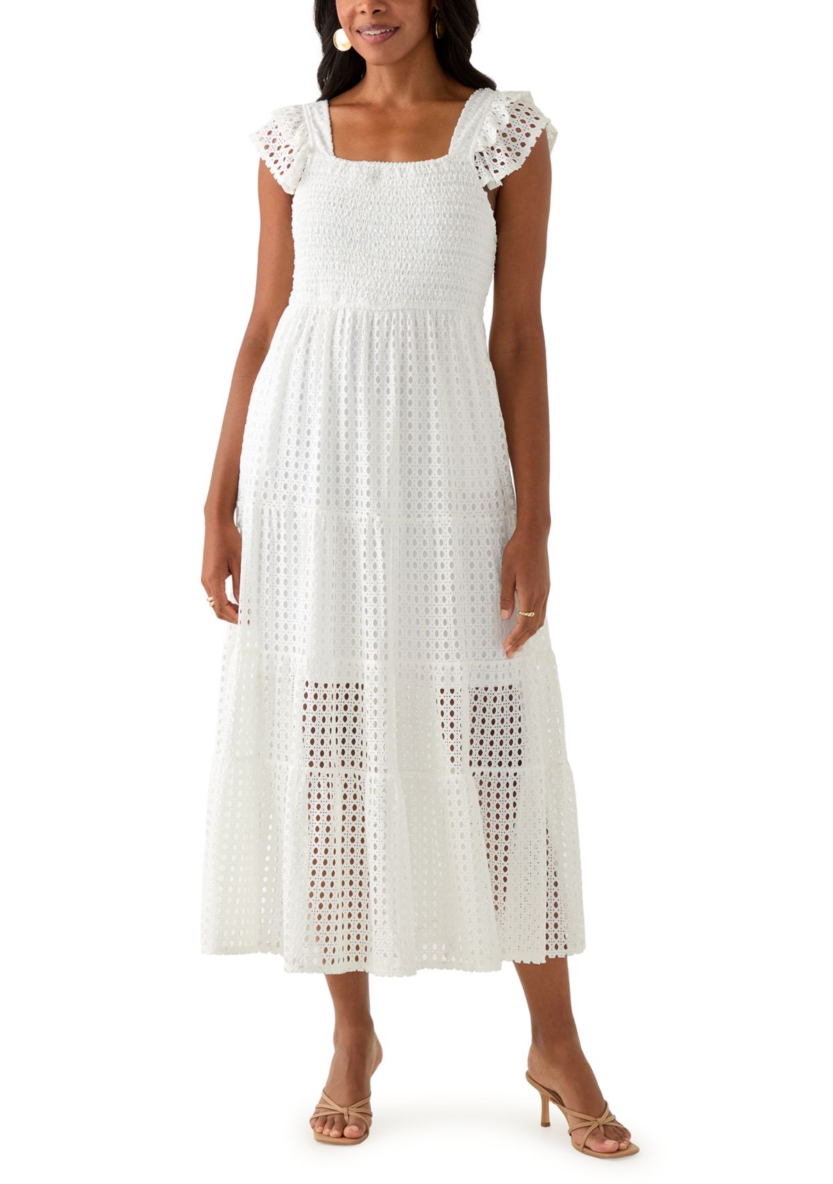 Womens Square Neck Eyelet Maxi Dress