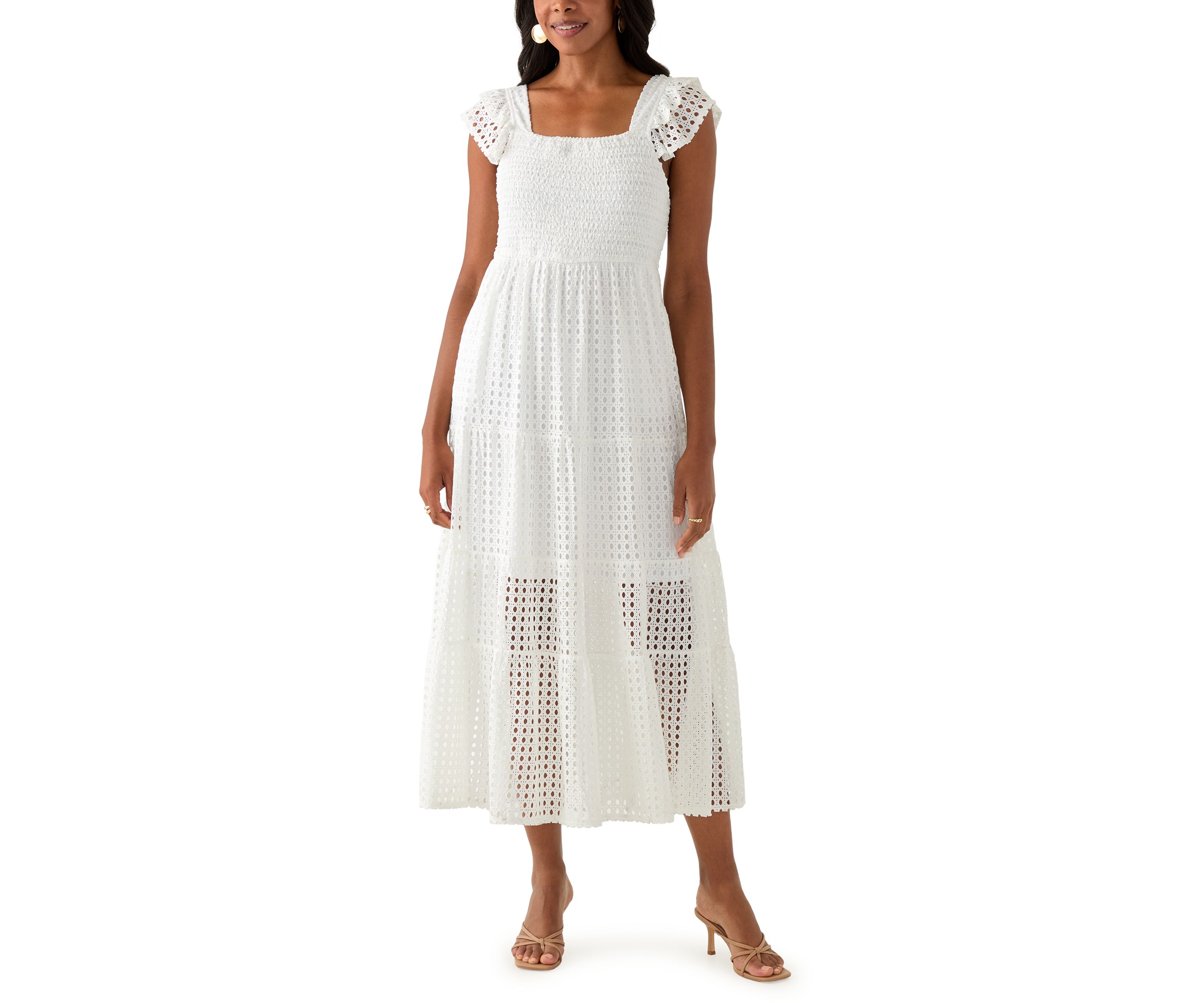 Womens Square Neck Eyelet Maxi Dress