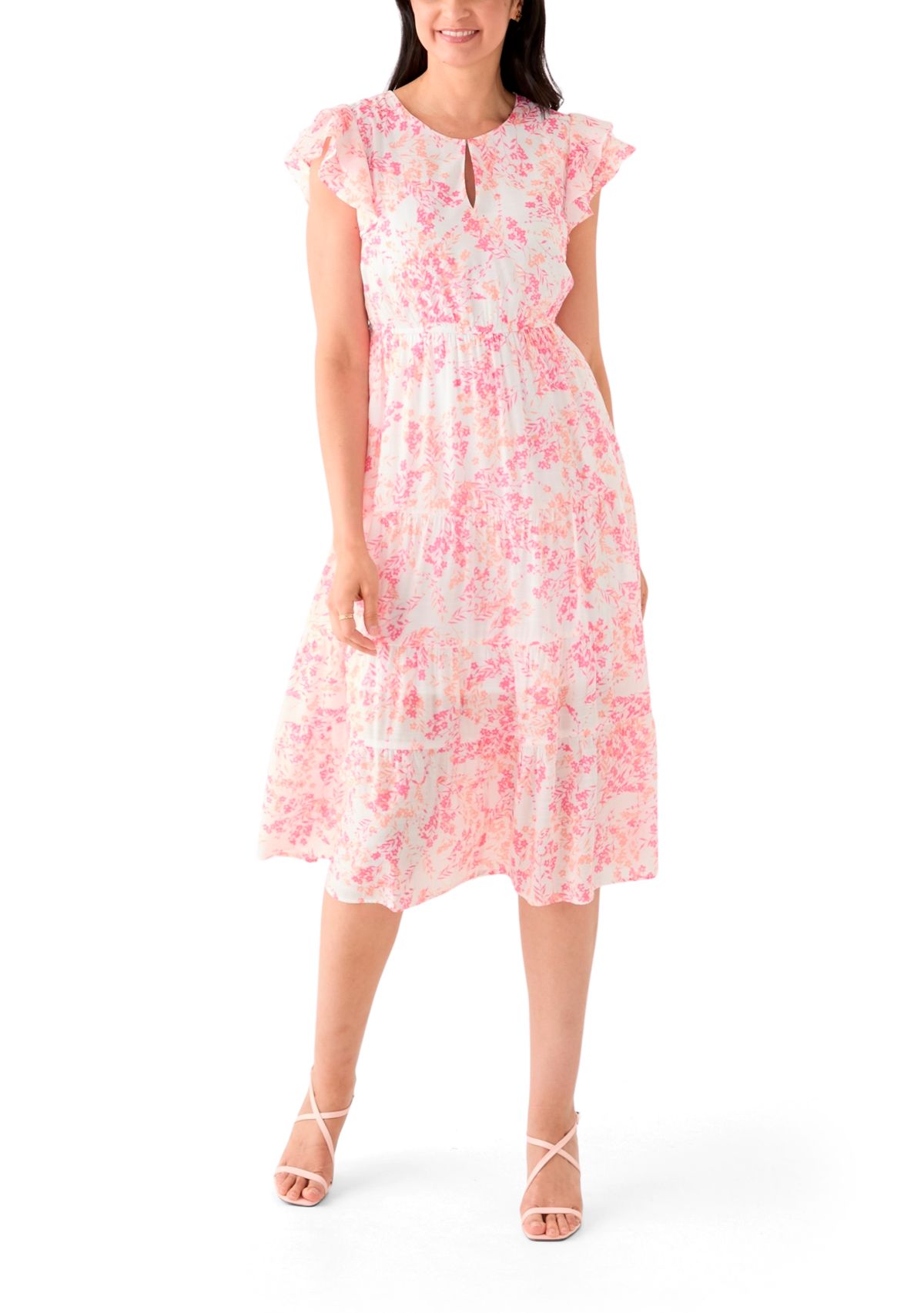 Womens Short Sleeve Crew Neck Floral Print Midi Dress