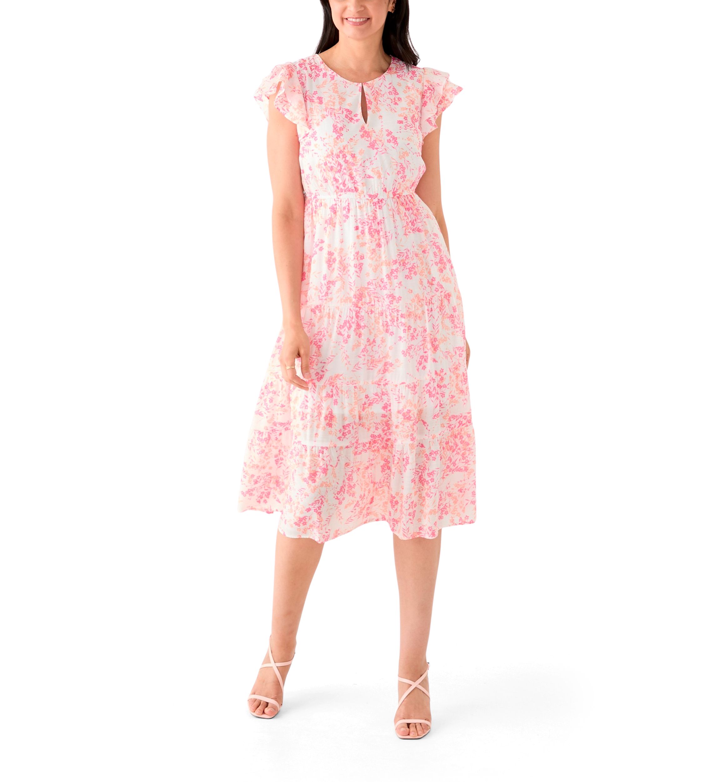 Womens Short Sleeve Crew Neck Floral Print Midi Dress