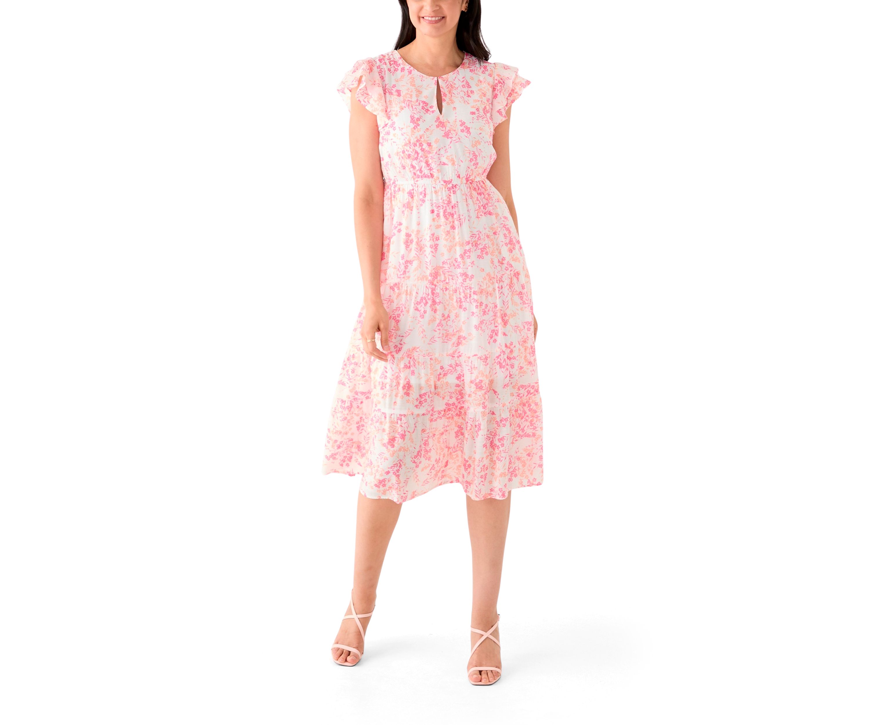 Womens Short Sleeve Crew Neck Floral Print Midi Dress