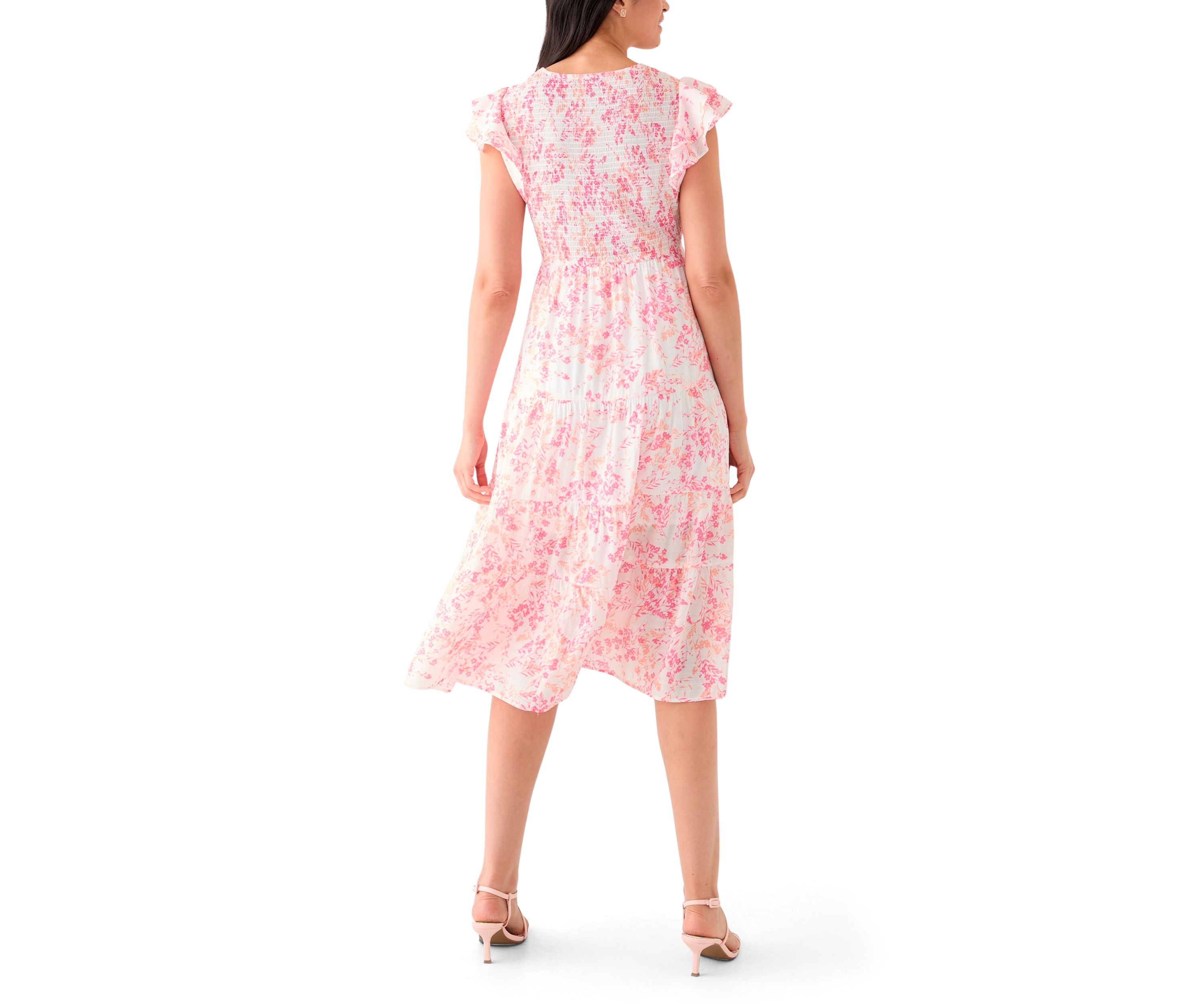 Womens Short Sleeve Crew Neck Floral Print Midi Dress