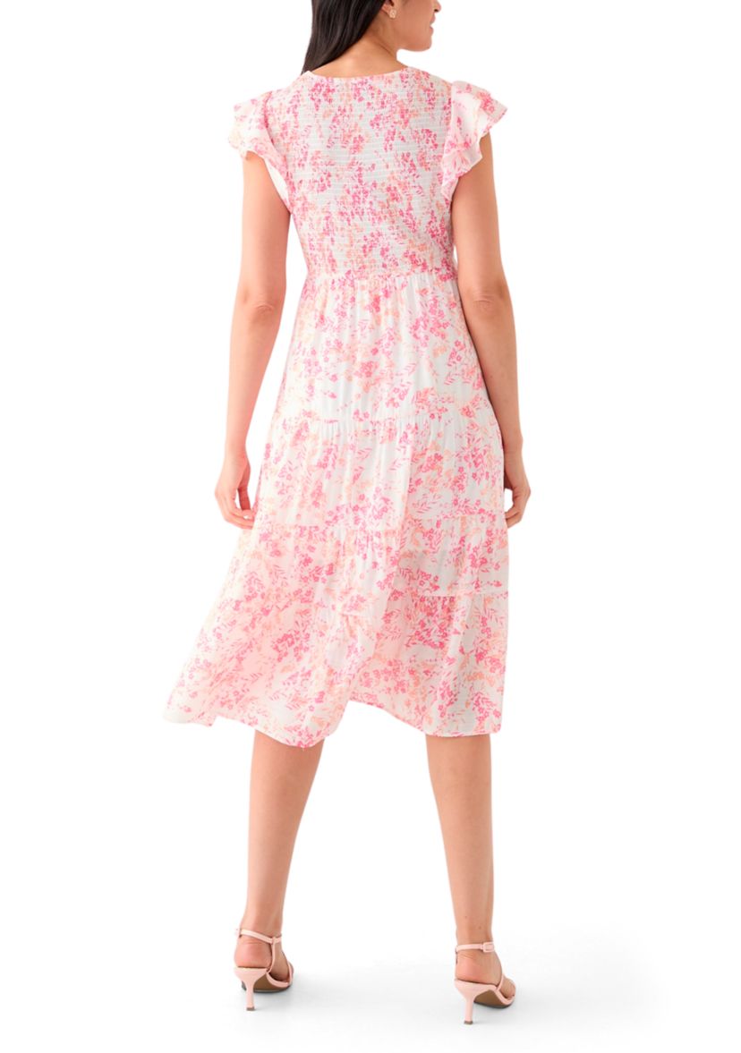 Womens Short Sleeve Crew Neck Floral Print Midi Dress