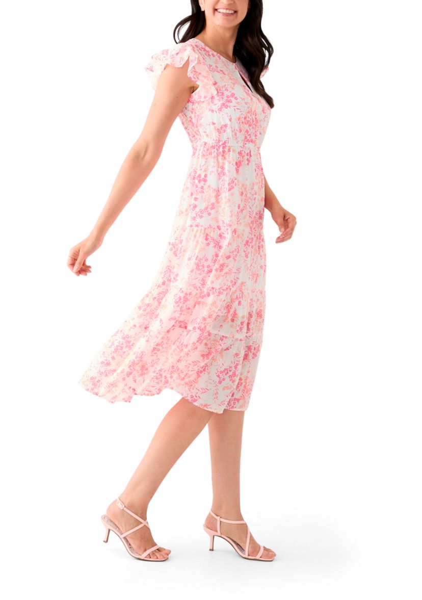 Womens Short Sleeve Crew Neck Floral Print Midi Dress