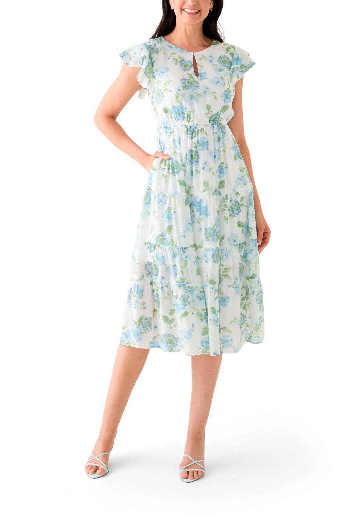 Womens Flutter Sleeve Crew Neck Floral Print Midi Dress