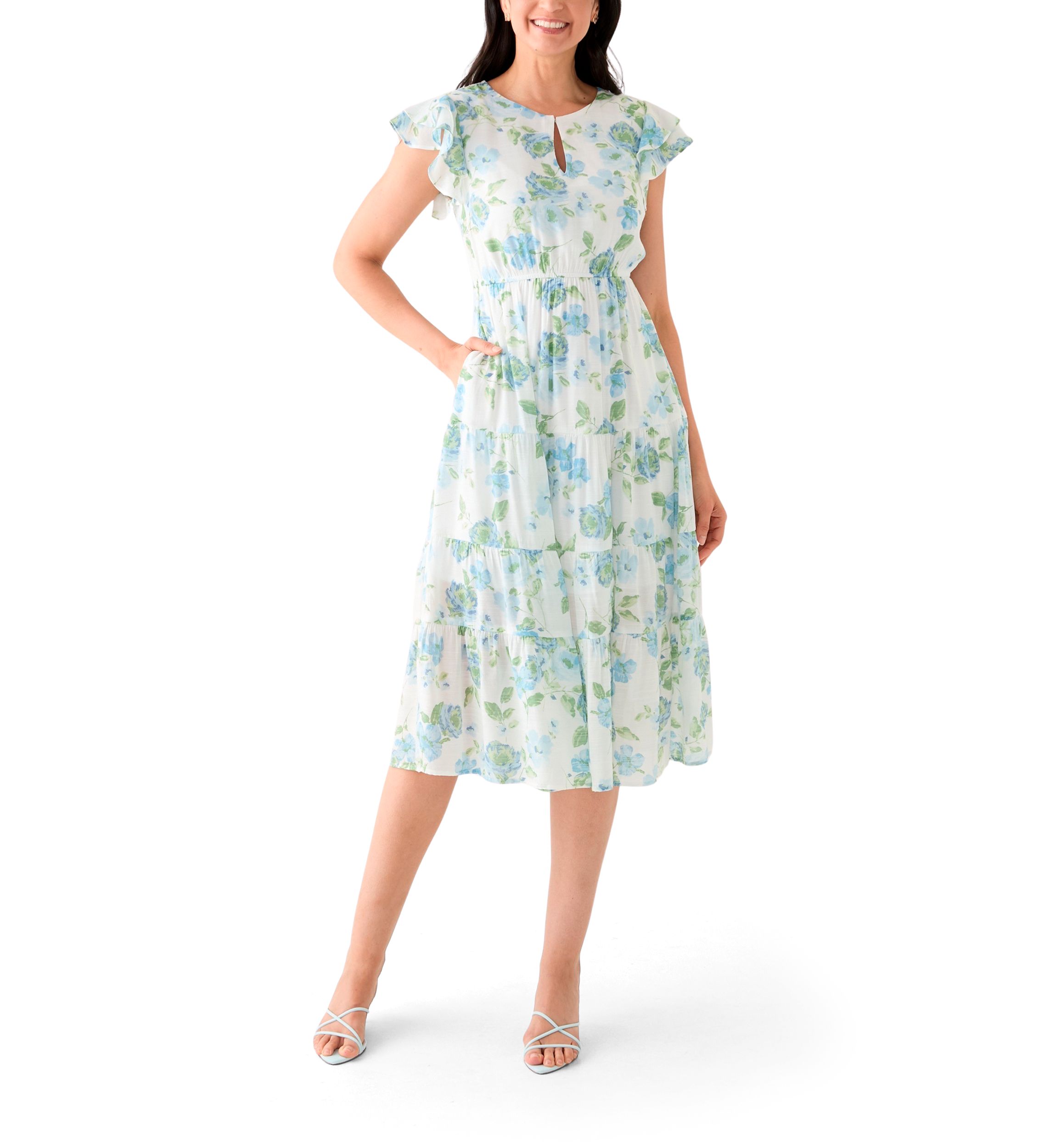 Womens Flutter Sleeve Crew Neck Floral Print Midi Dress