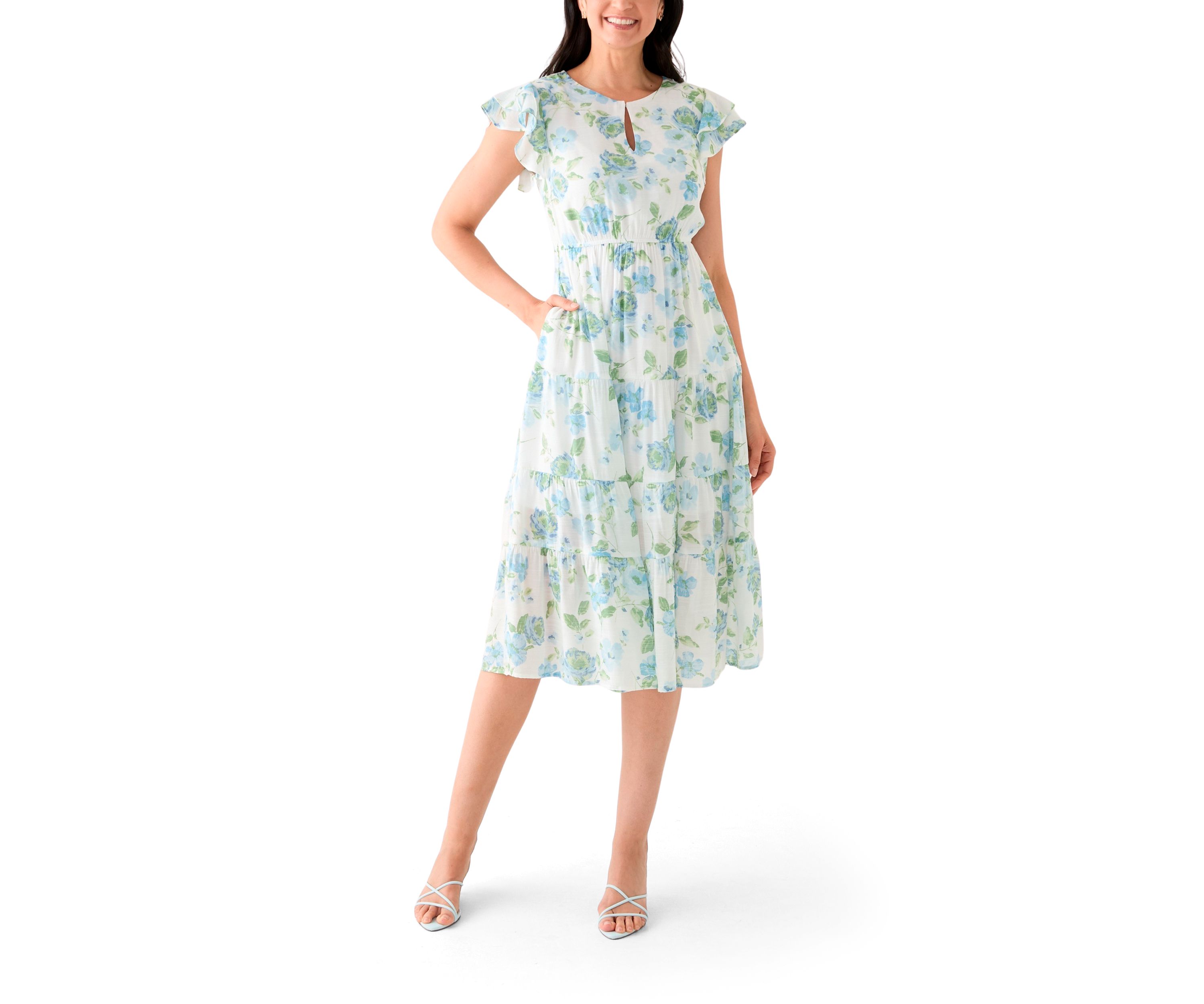 Womens Flutter Sleeve Crew Neck Floral Print Midi Dress