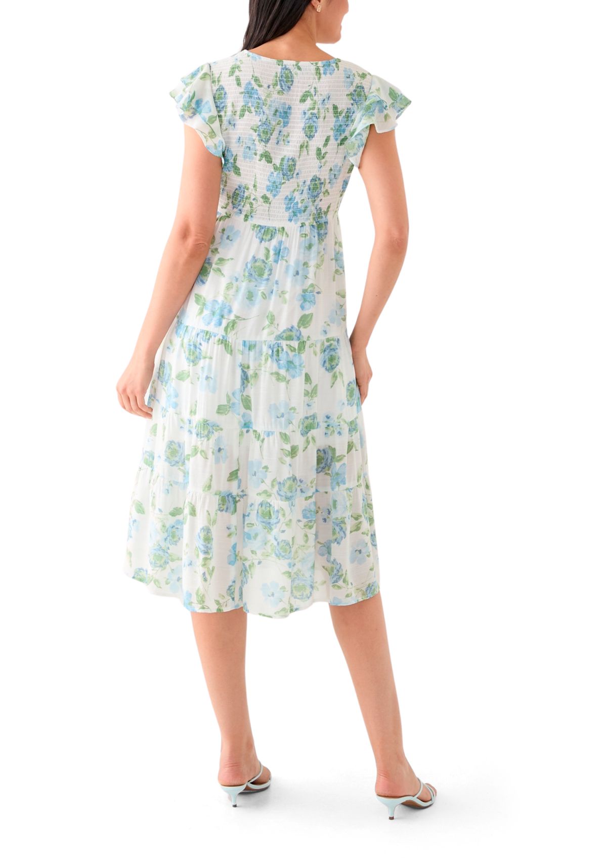 Womens Flutter Sleeve Crew Neck Floral Print Midi Dress