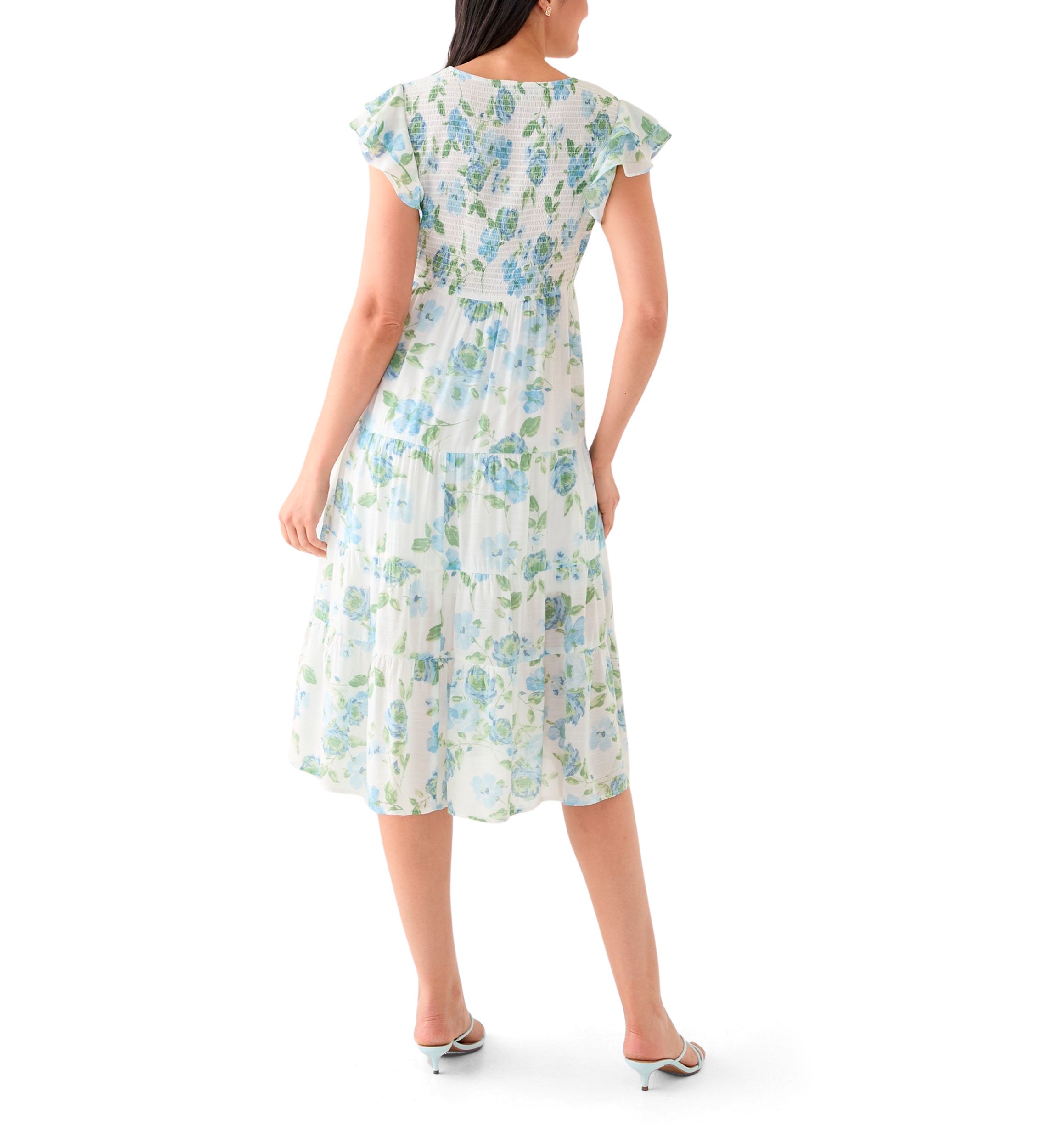 Womens Flutter Sleeve Crew Neck Floral Print Midi Dress