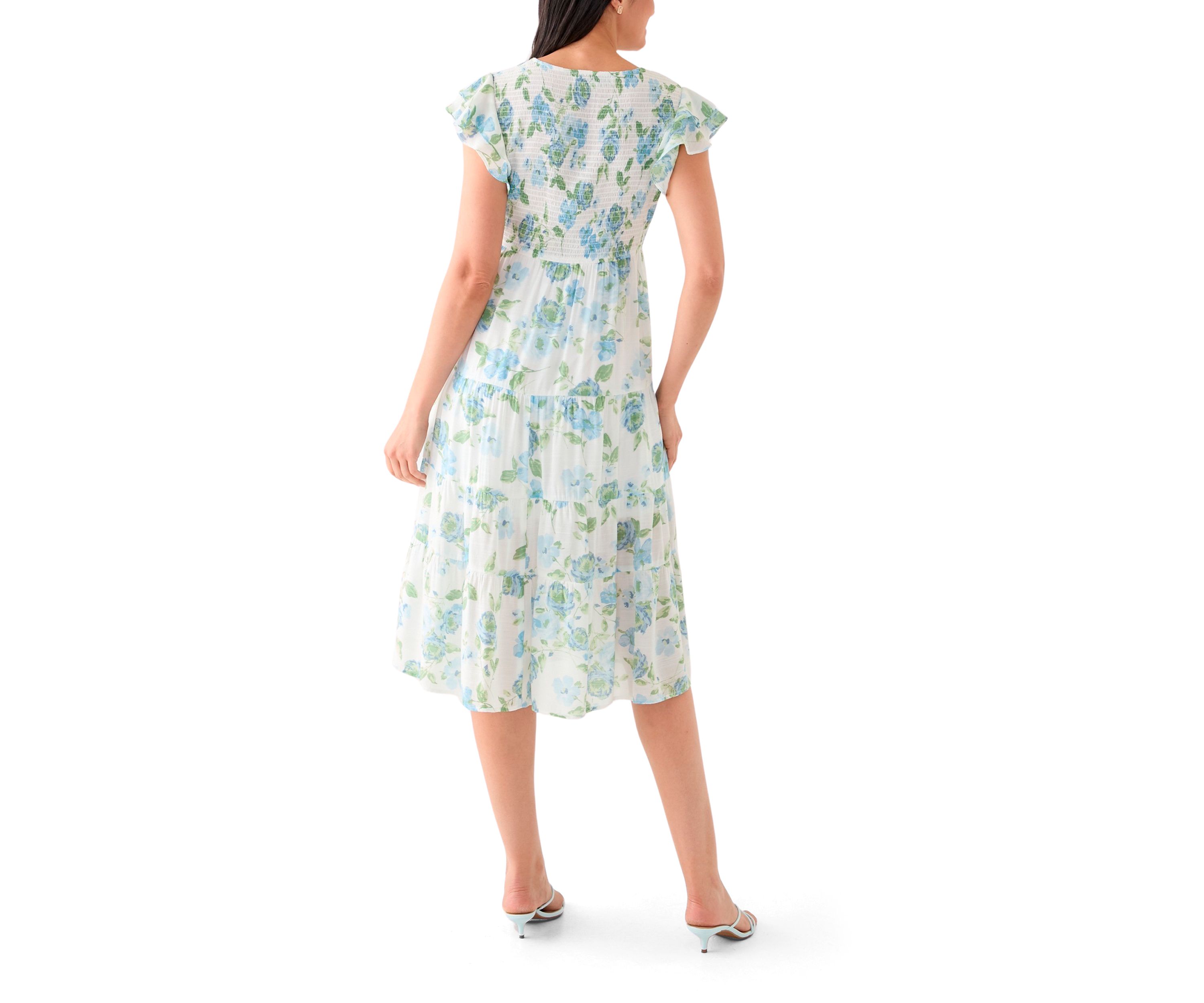 Womens Flutter Sleeve Crew Neck Floral Print Midi Dress