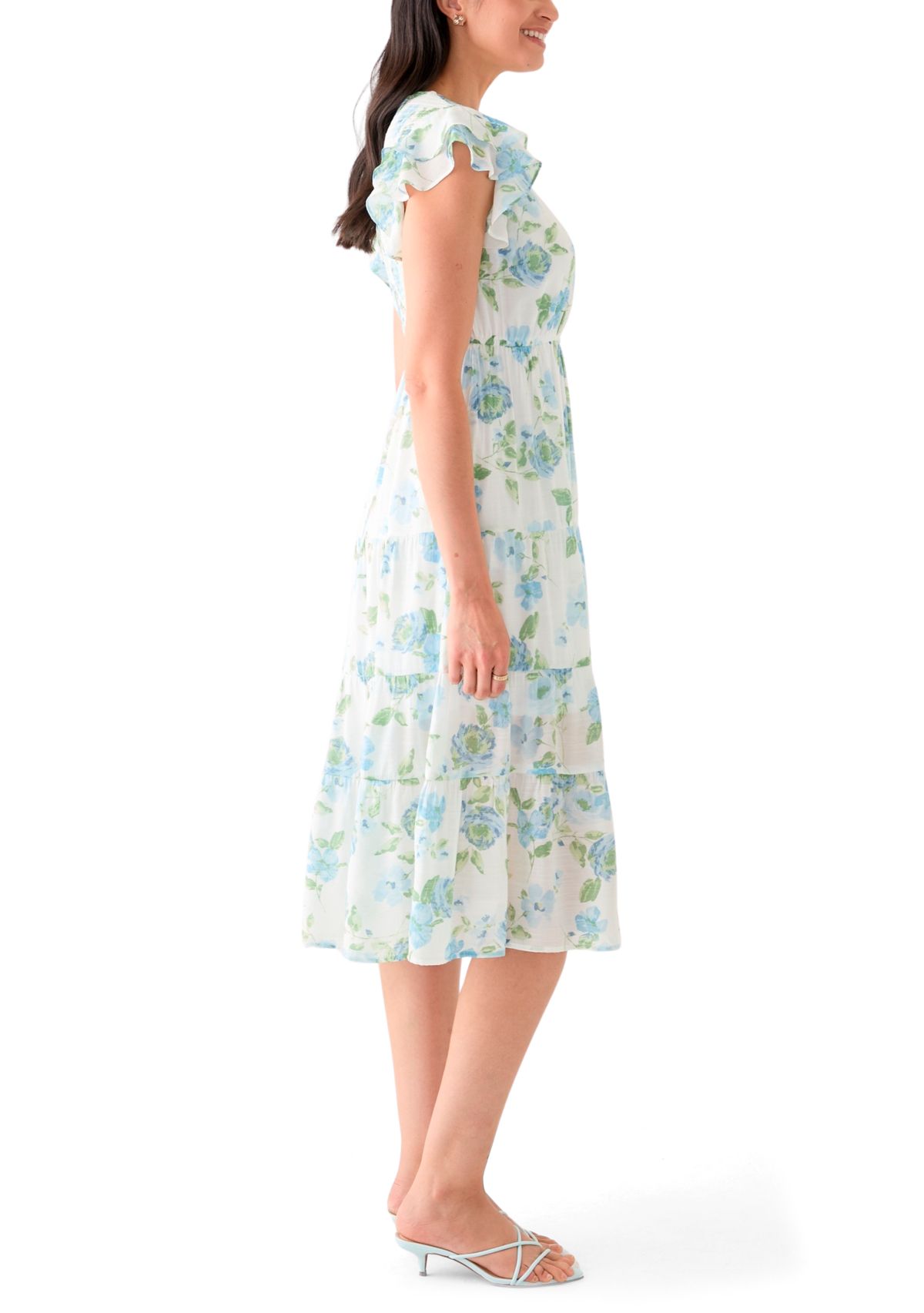 Womens Flutter Sleeve Crew Neck Floral Print Midi Dress