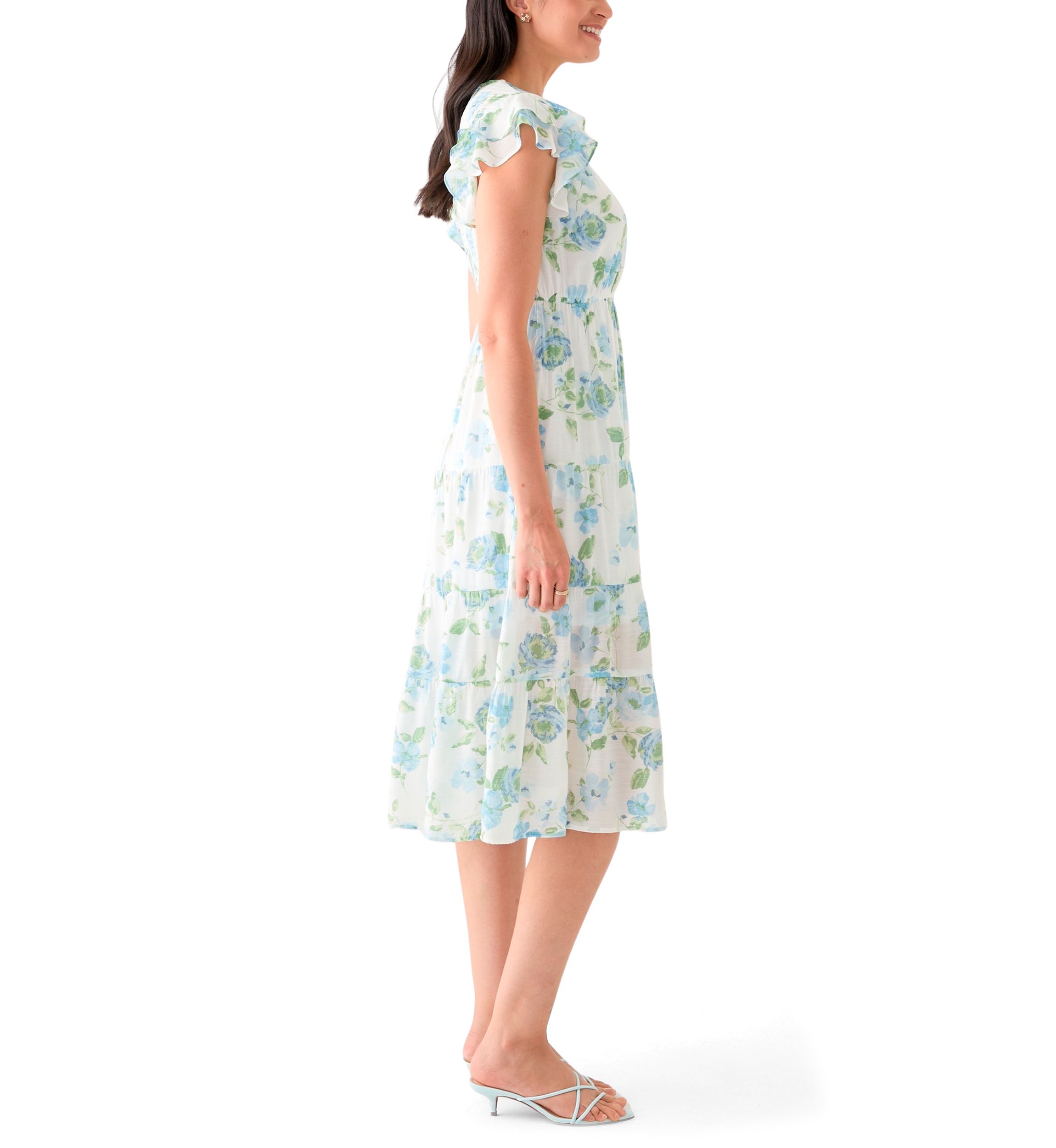 Womens Flutter Sleeve Crew Neck Floral Print Midi Dress
