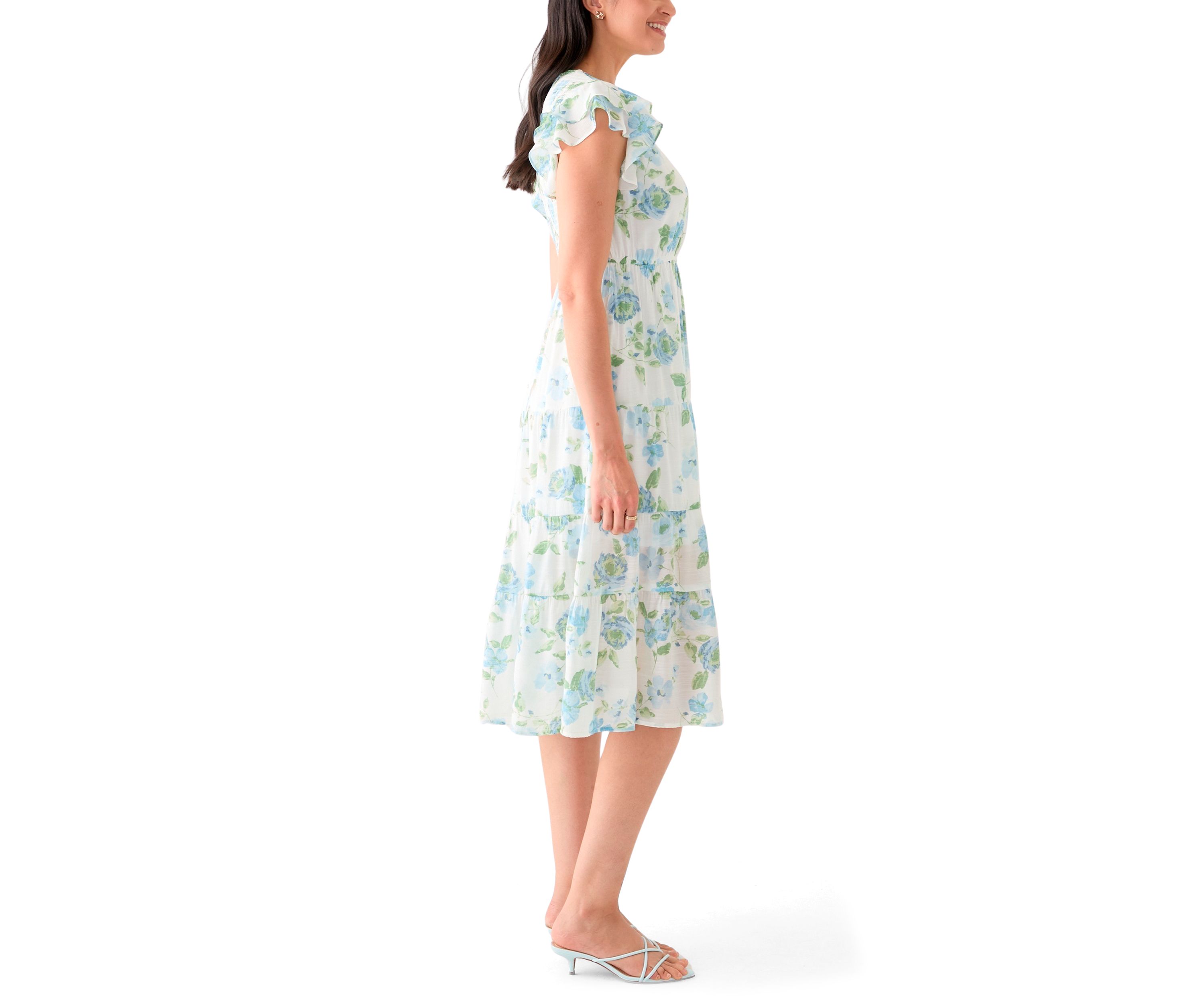 Womens Flutter Sleeve Crew Neck Floral Print Midi Dress