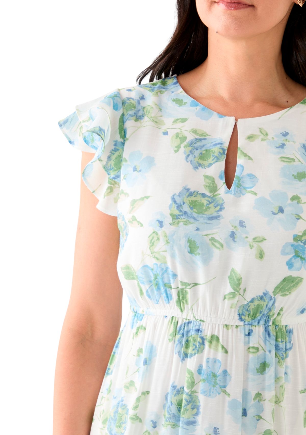 Womens Flutter Sleeve Crew Neck Floral Print Midi Dress