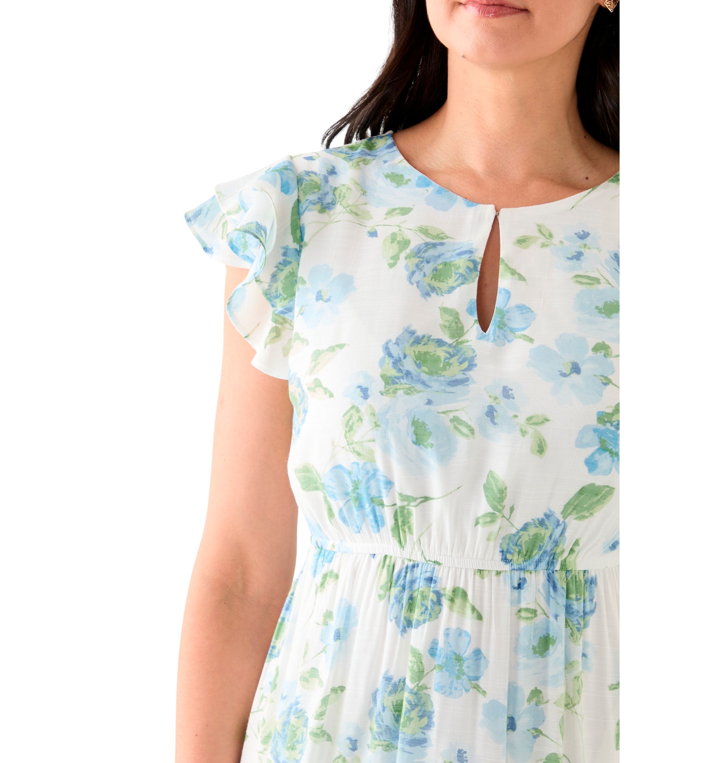 Womens Flutter Sleeve Crew Neck Floral Print Midi Dress