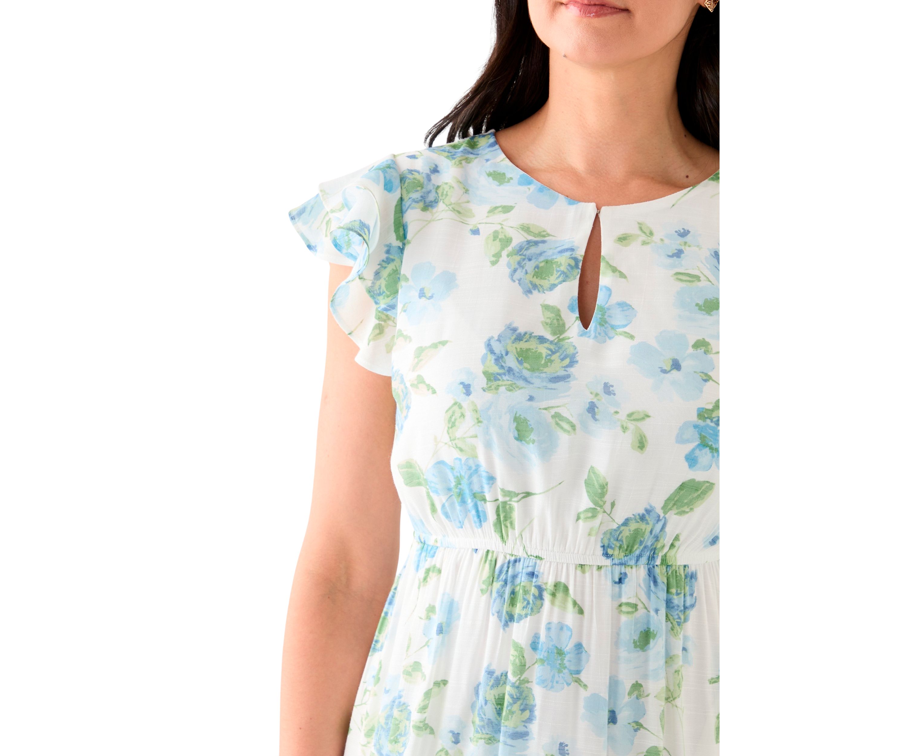 Womens Flutter Sleeve Crew Neck Floral Print Midi Dress