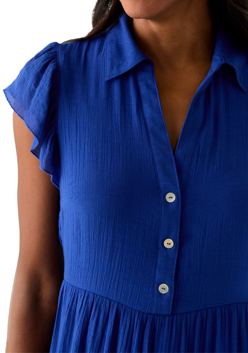 Womens Short Sleeve Collar Neck Solid A-Line Dress