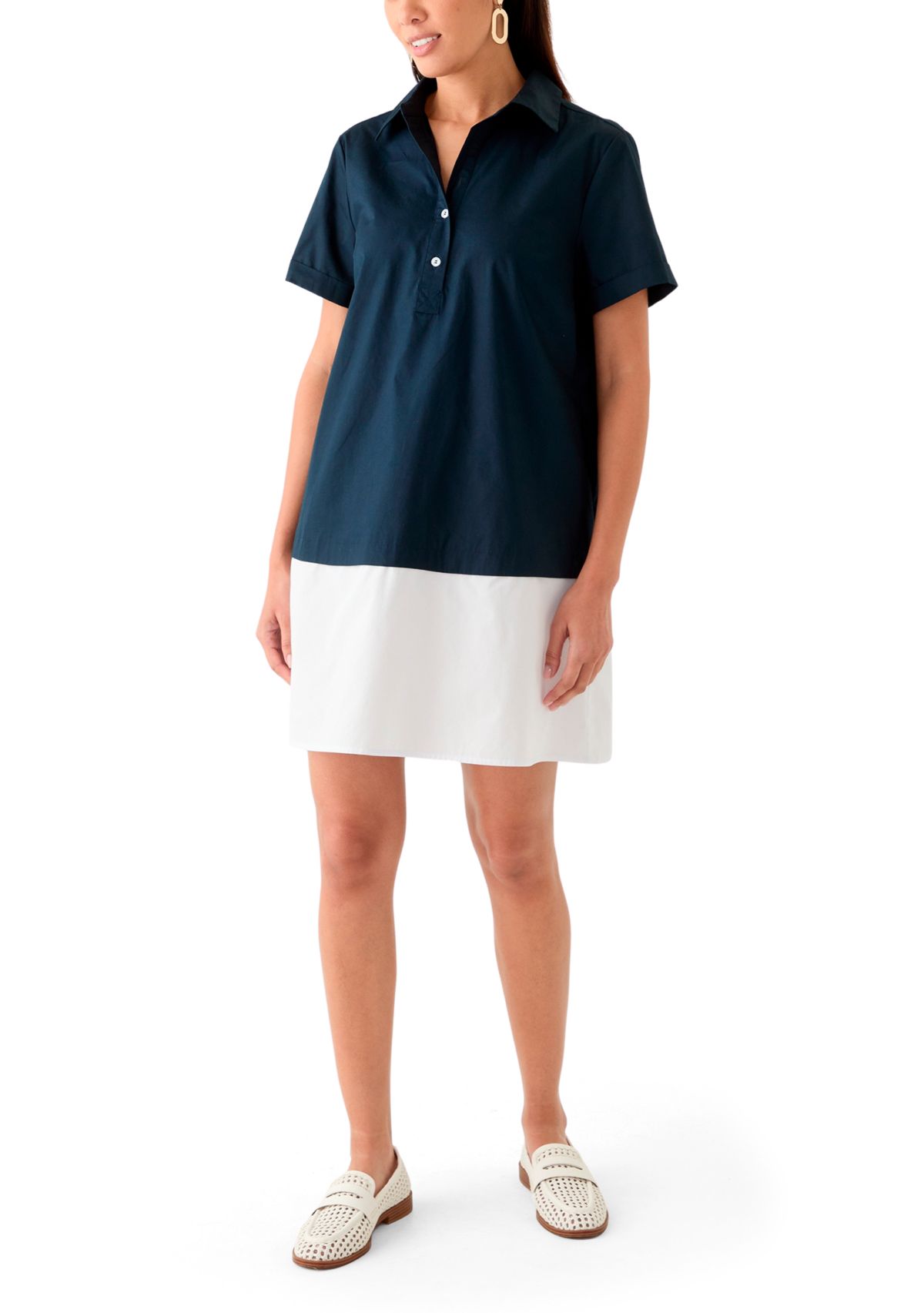 Womens Short Sleeve Collar Color Block Shirtdress