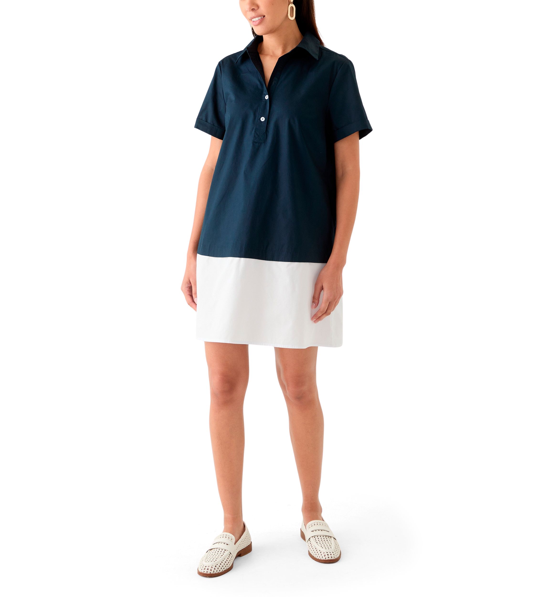 Womens Short Sleeve Collar Color Block Shirtdress