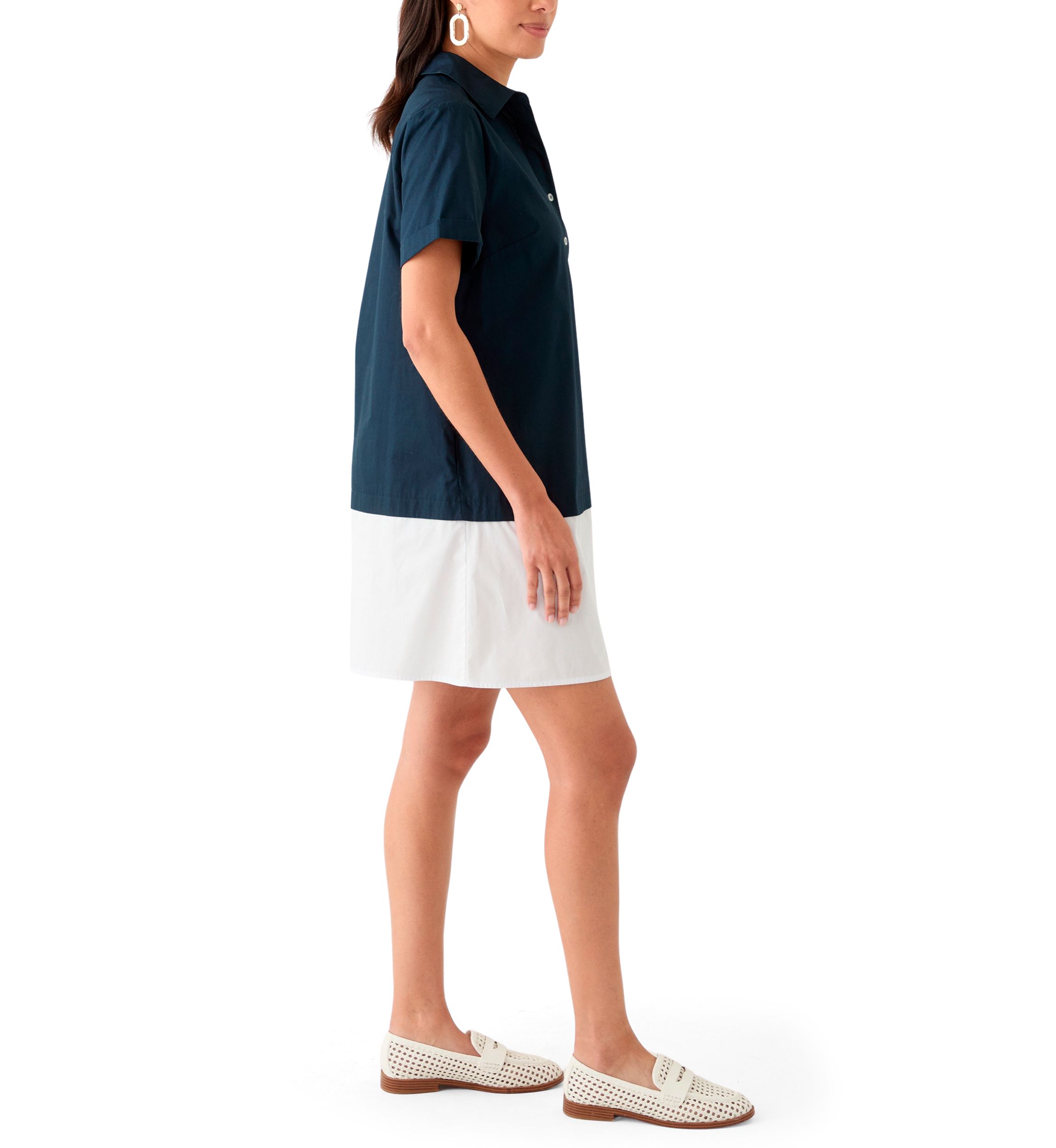 Womens Short Sleeve Collar Color Block Shirtdress