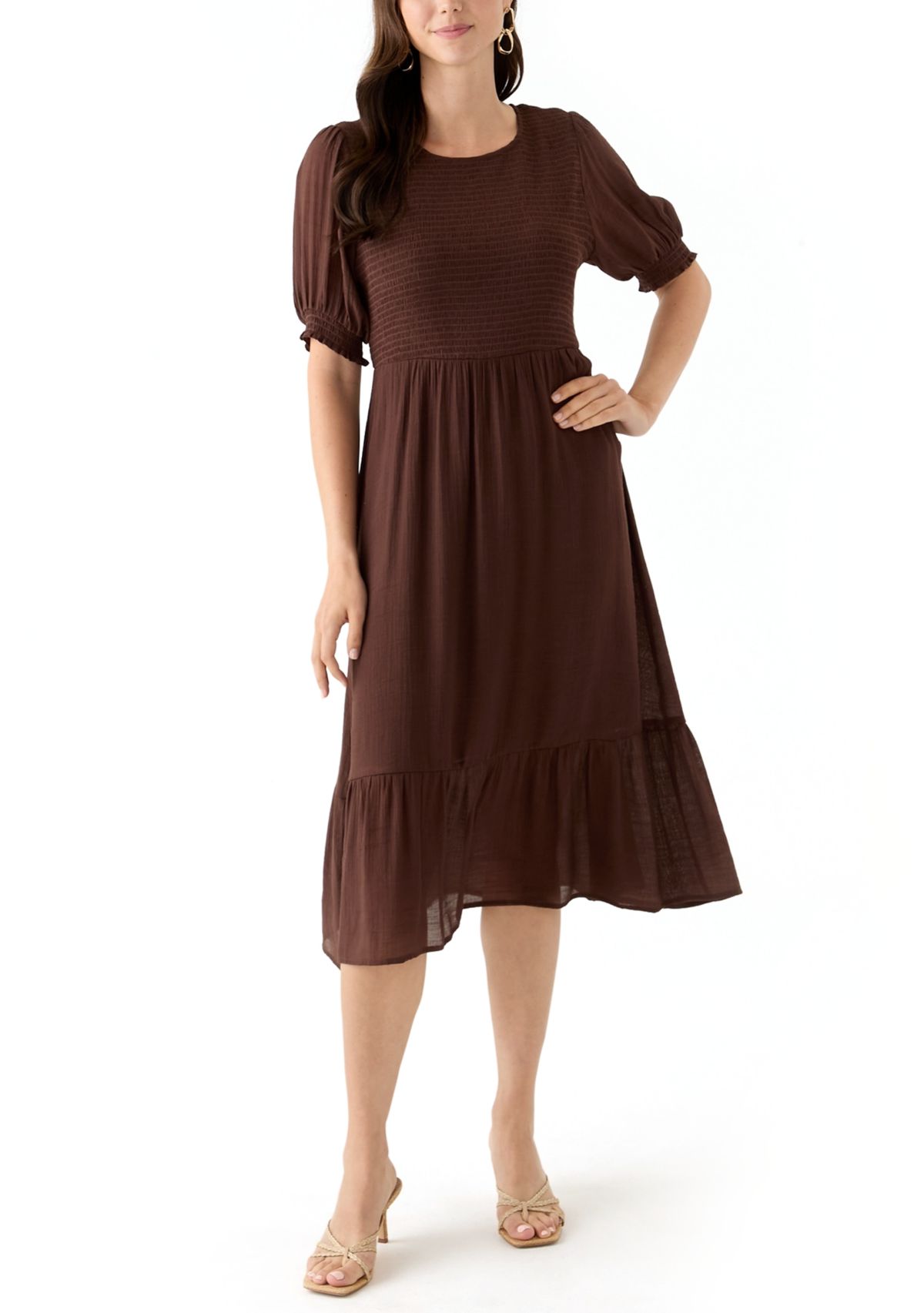 Womens Puff Sleeve Smocked Midi Dress
