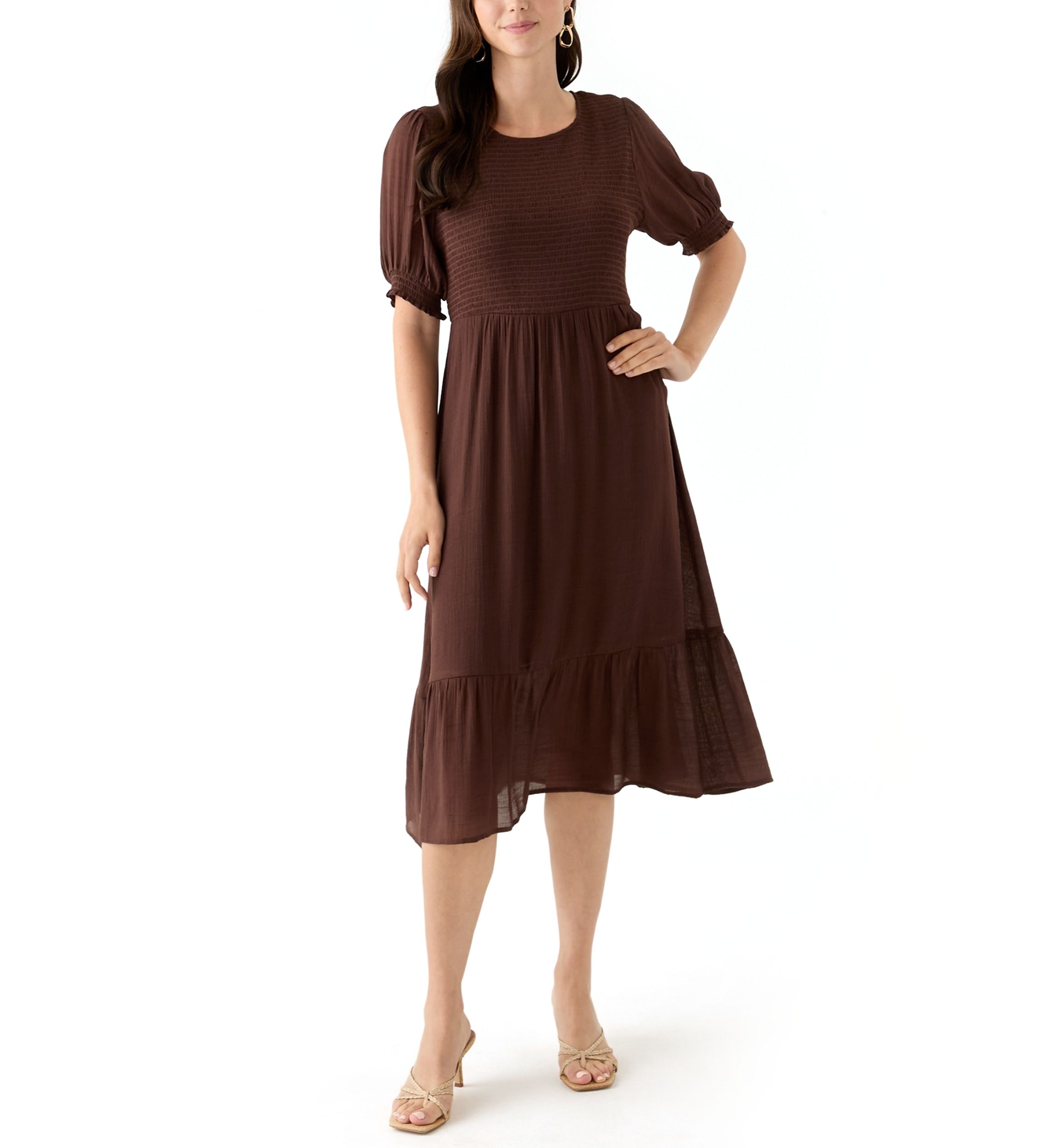Womens Puff Sleeve Smocked Midi Dress
