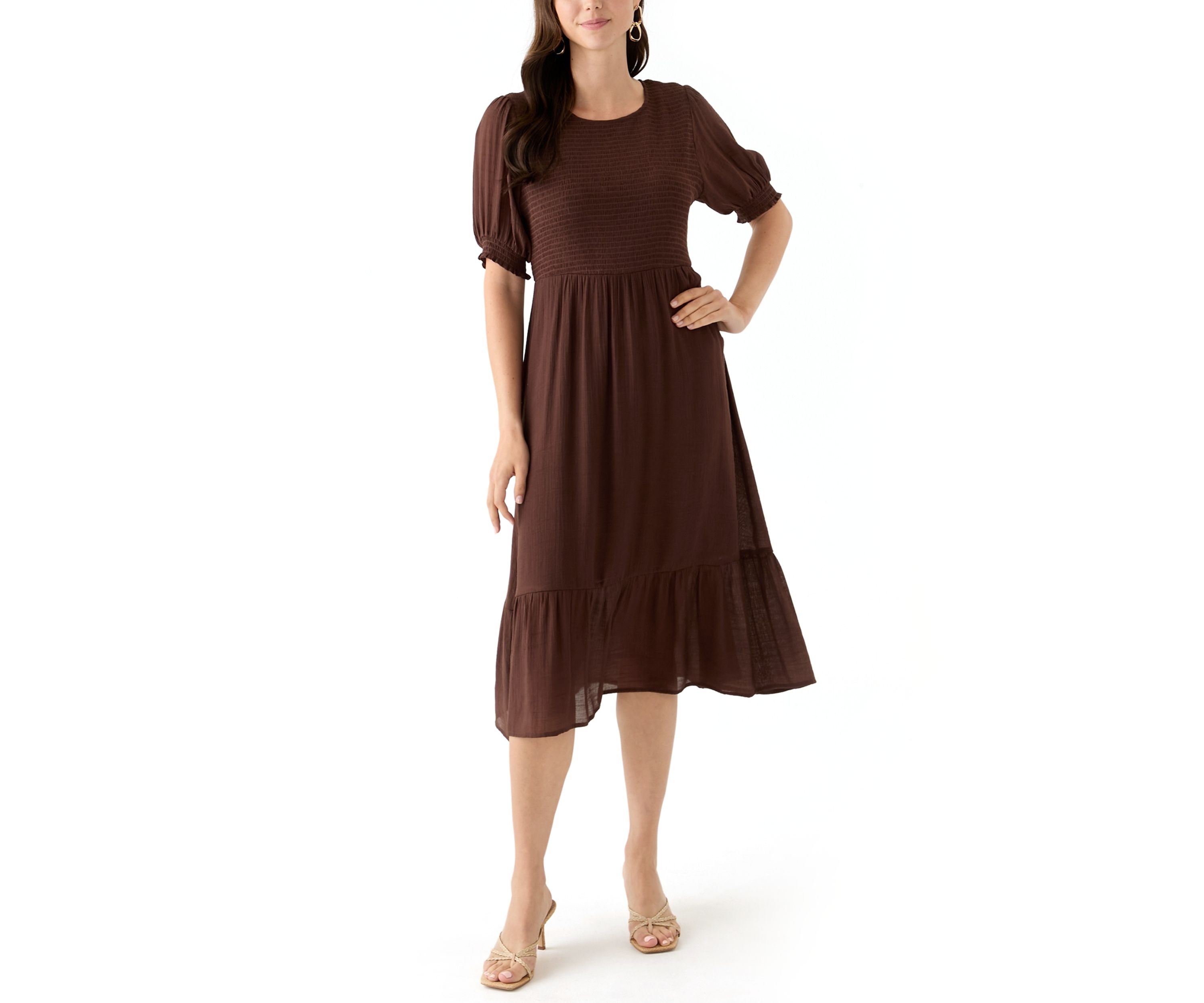 Womens Puff Sleeve Smocked Midi Dress