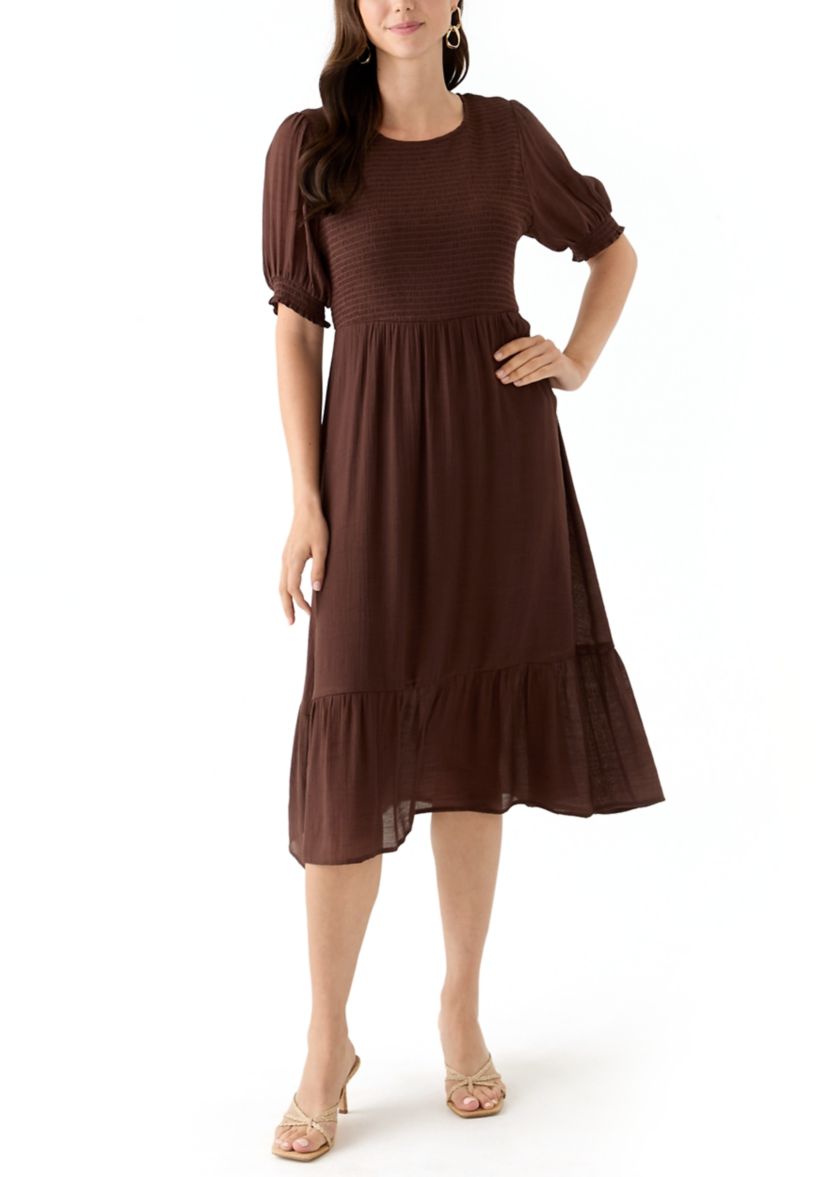 Womens Puff Sleeve Smocked Midi Dress