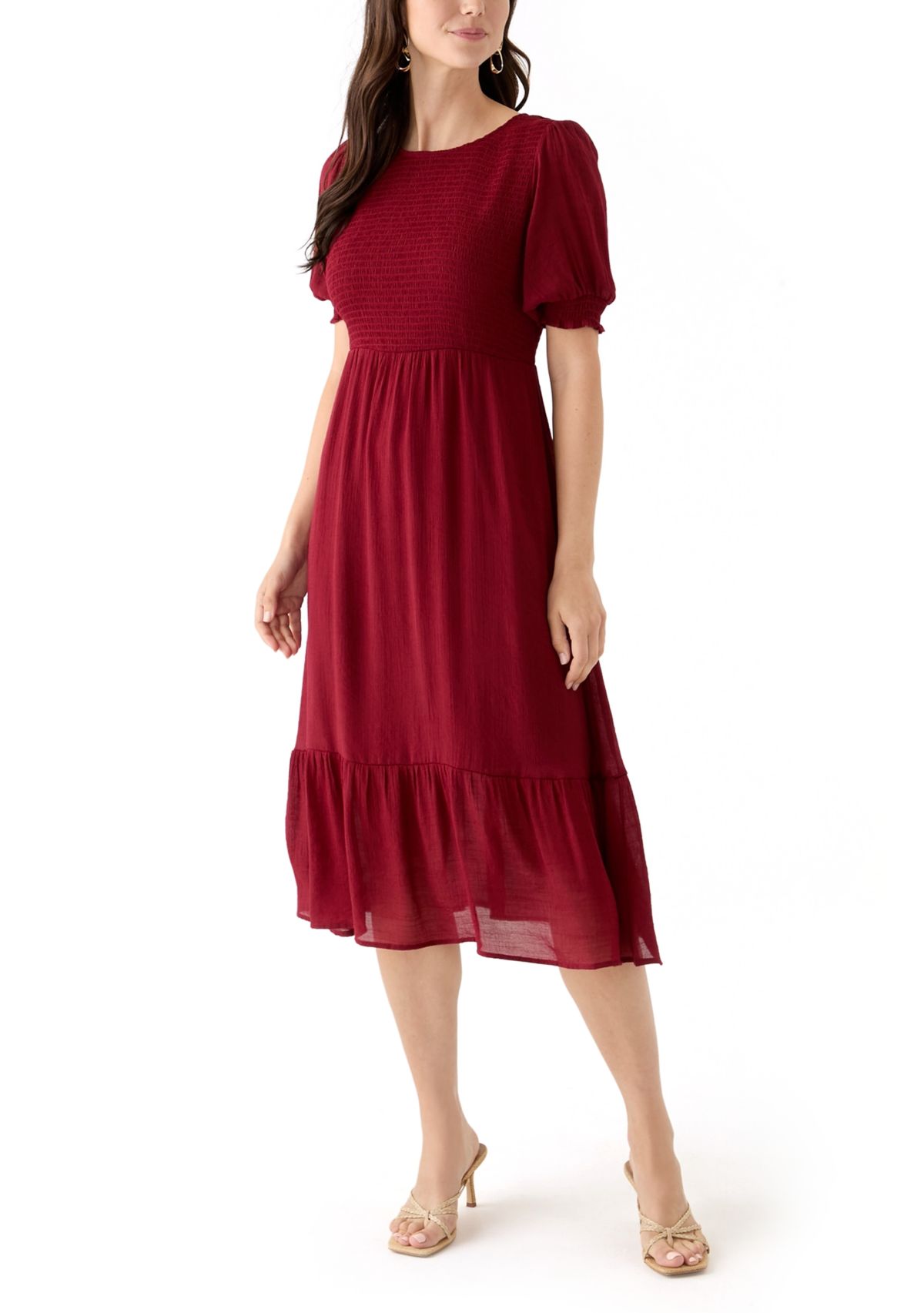 Womens Puff Sleeve Smocked Midi Dress