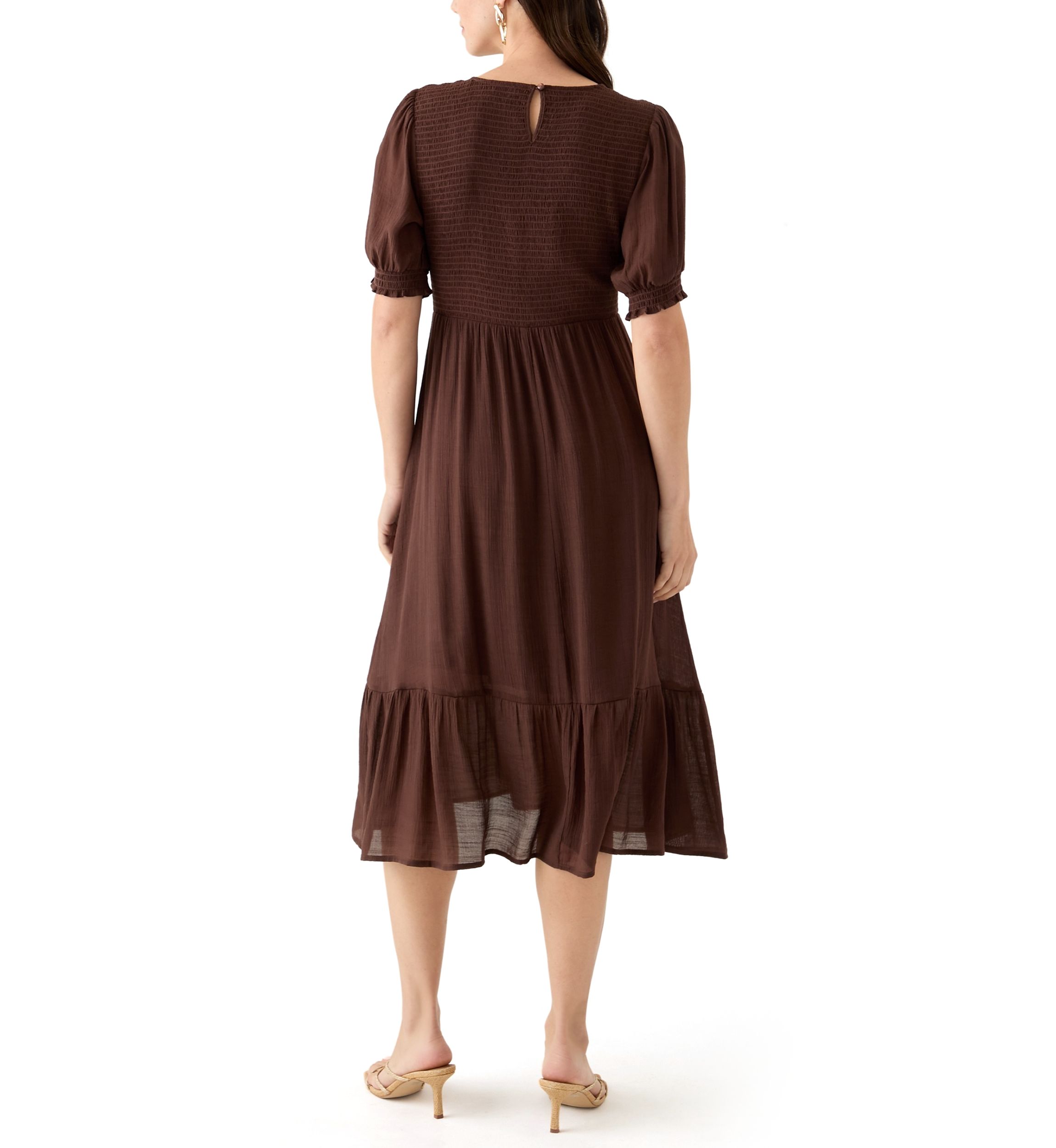 Womens Puff Sleeve Smocked Midi Dress