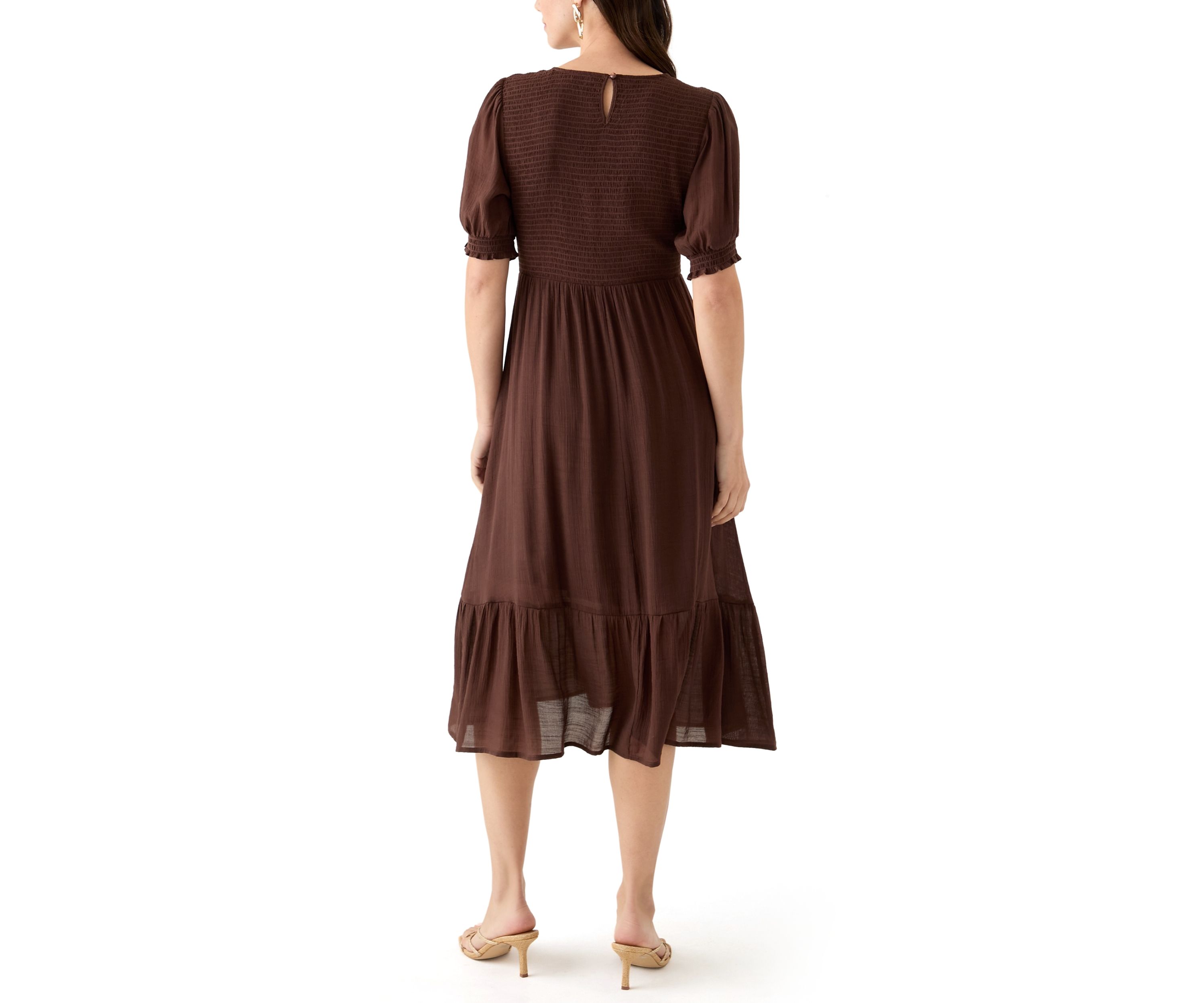 Womens Puff Sleeve Smocked Midi Dress