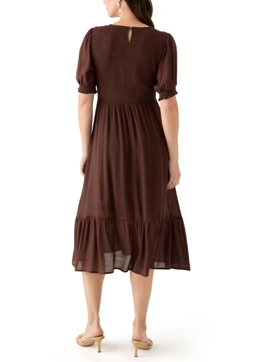 Womens Puff Sleeve Smocked Midi Dress