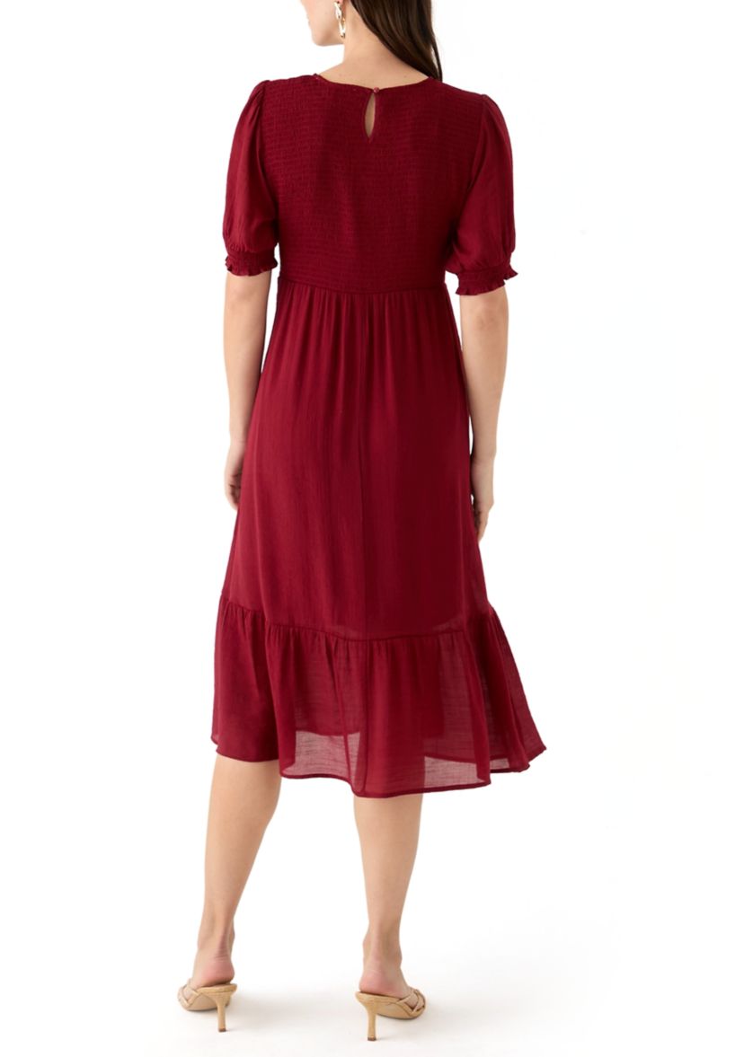 Womens Puff Sleeve Smocked Midi Dress