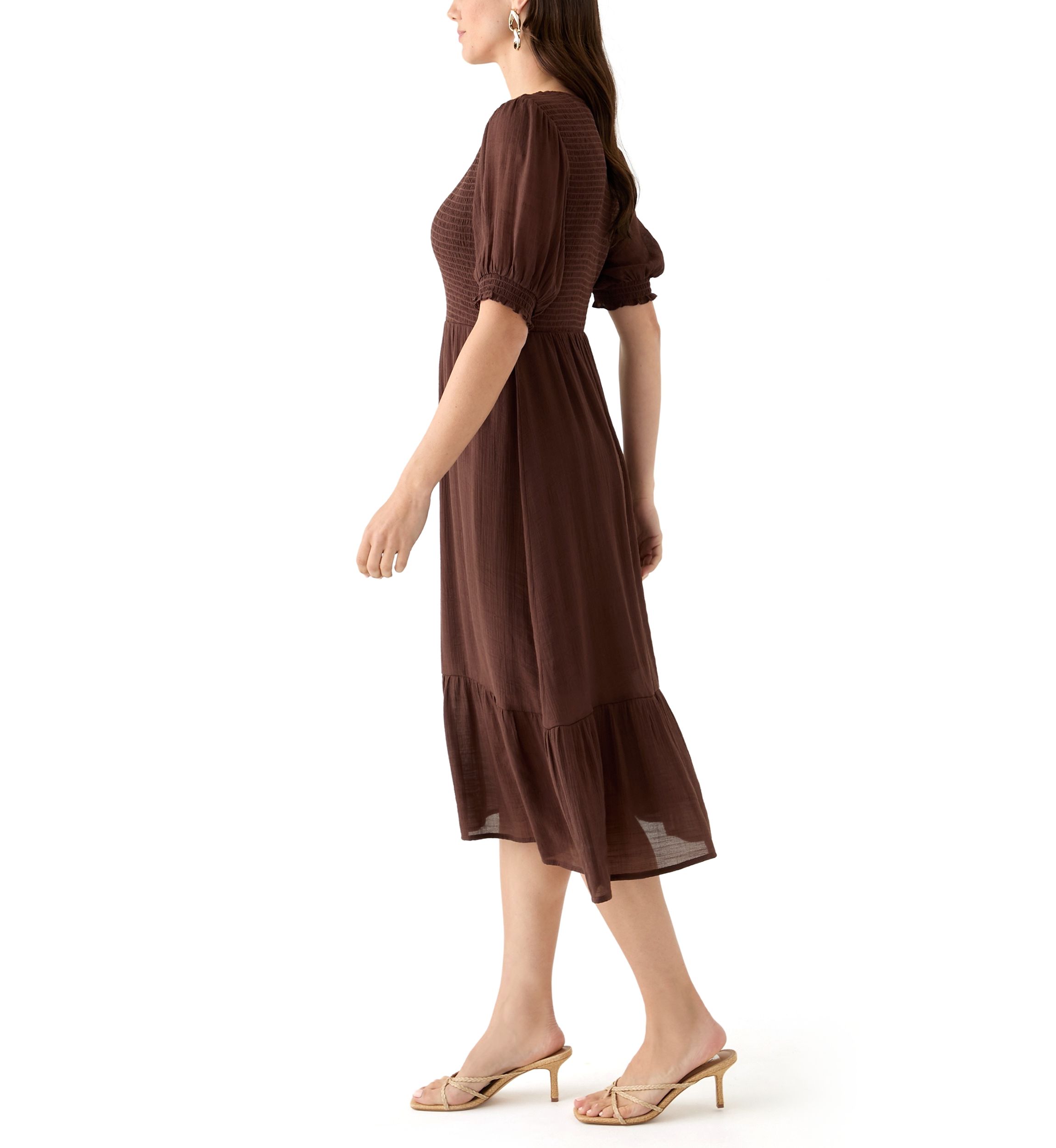 Womens Puff Sleeve Smocked Midi Dress