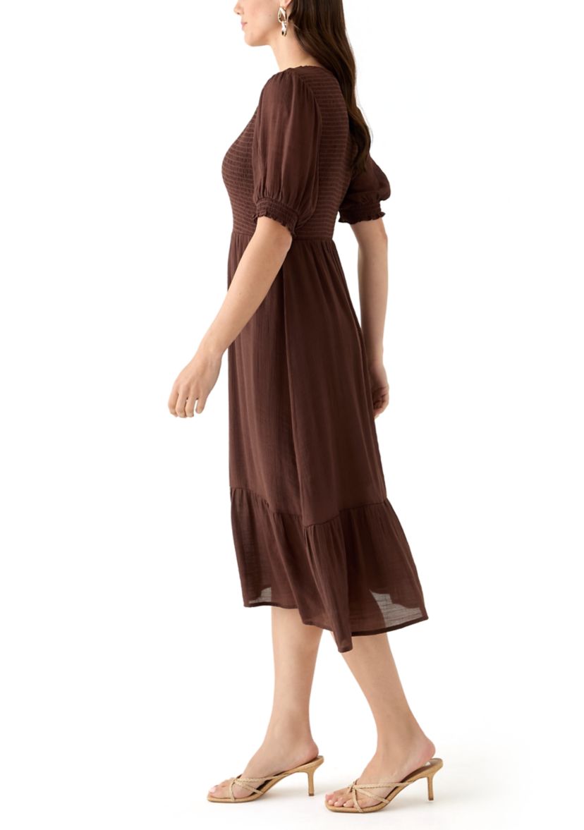 Womens Puff Sleeve Smocked Midi Dress