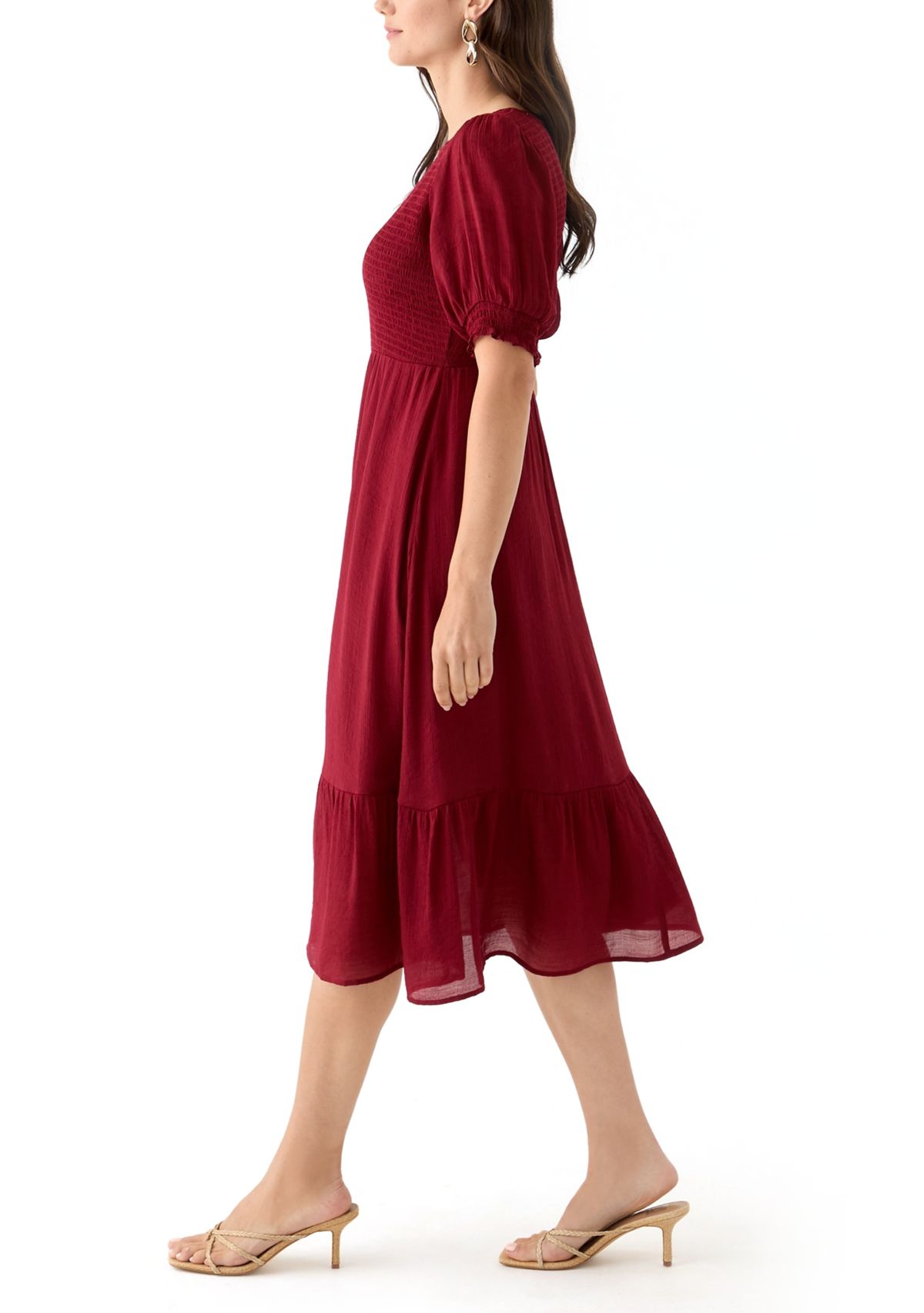 Womens Puff Sleeve Smocked Midi Dress