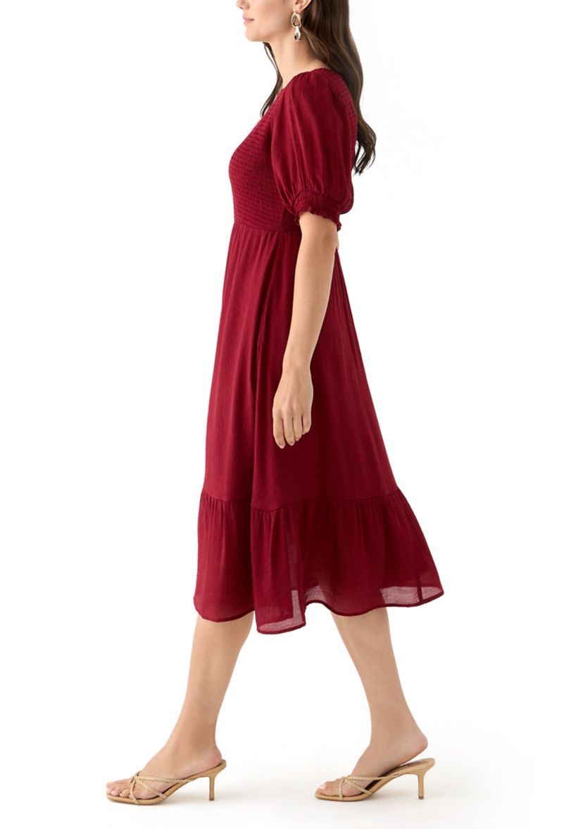 Womens Puff Sleeve Smocked Midi Dress