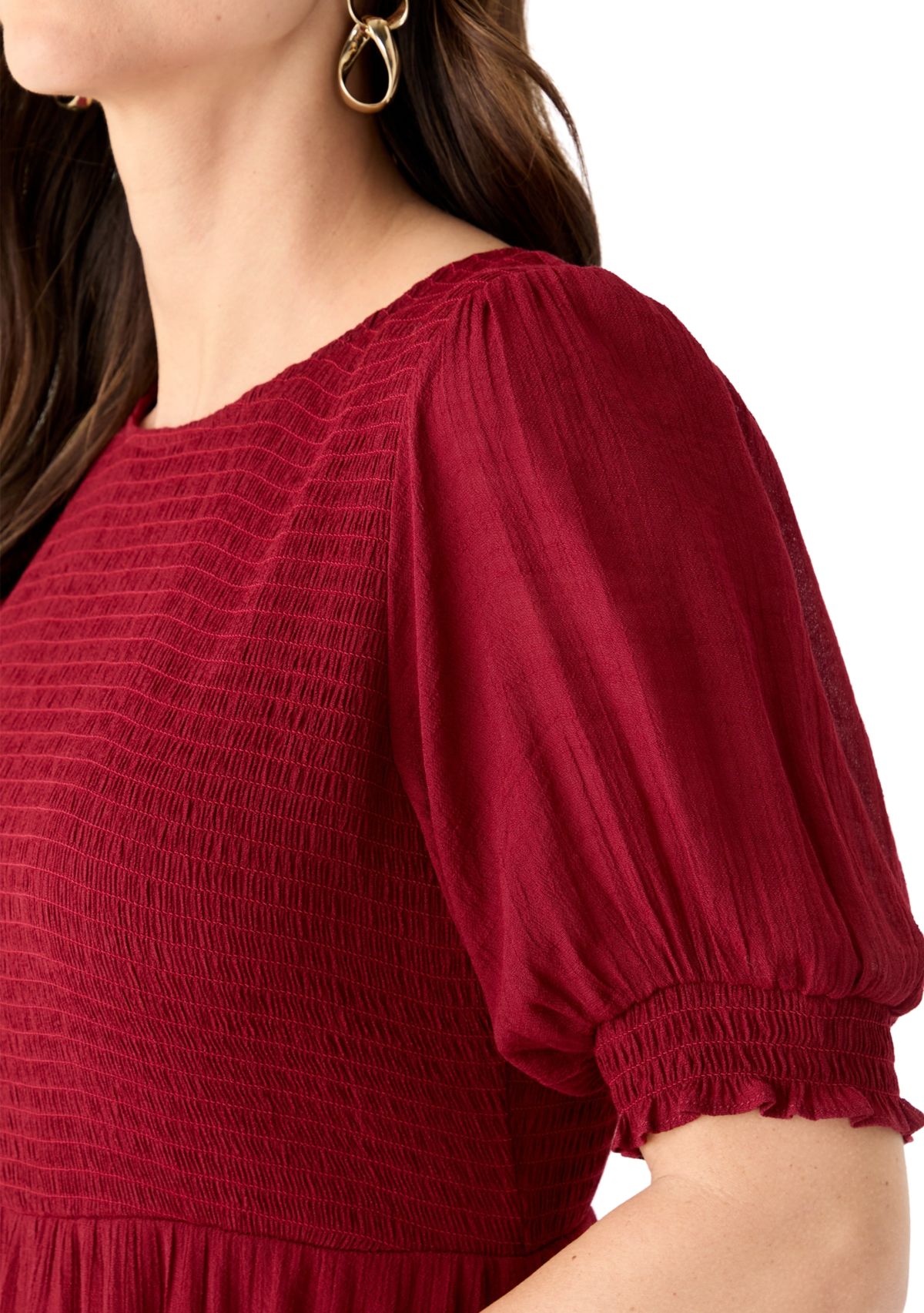 Womens Puff Sleeve Smocked Midi Dress