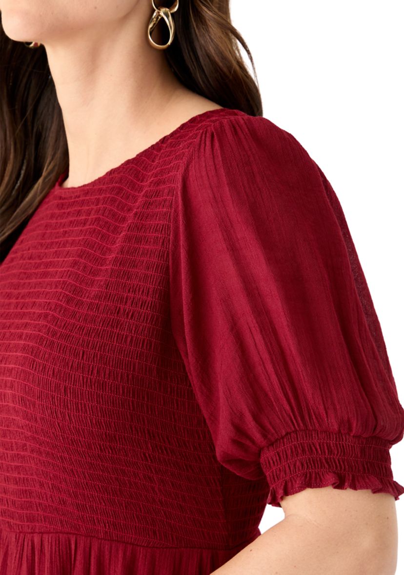 Womens Puff Sleeve Smocked Midi Dress